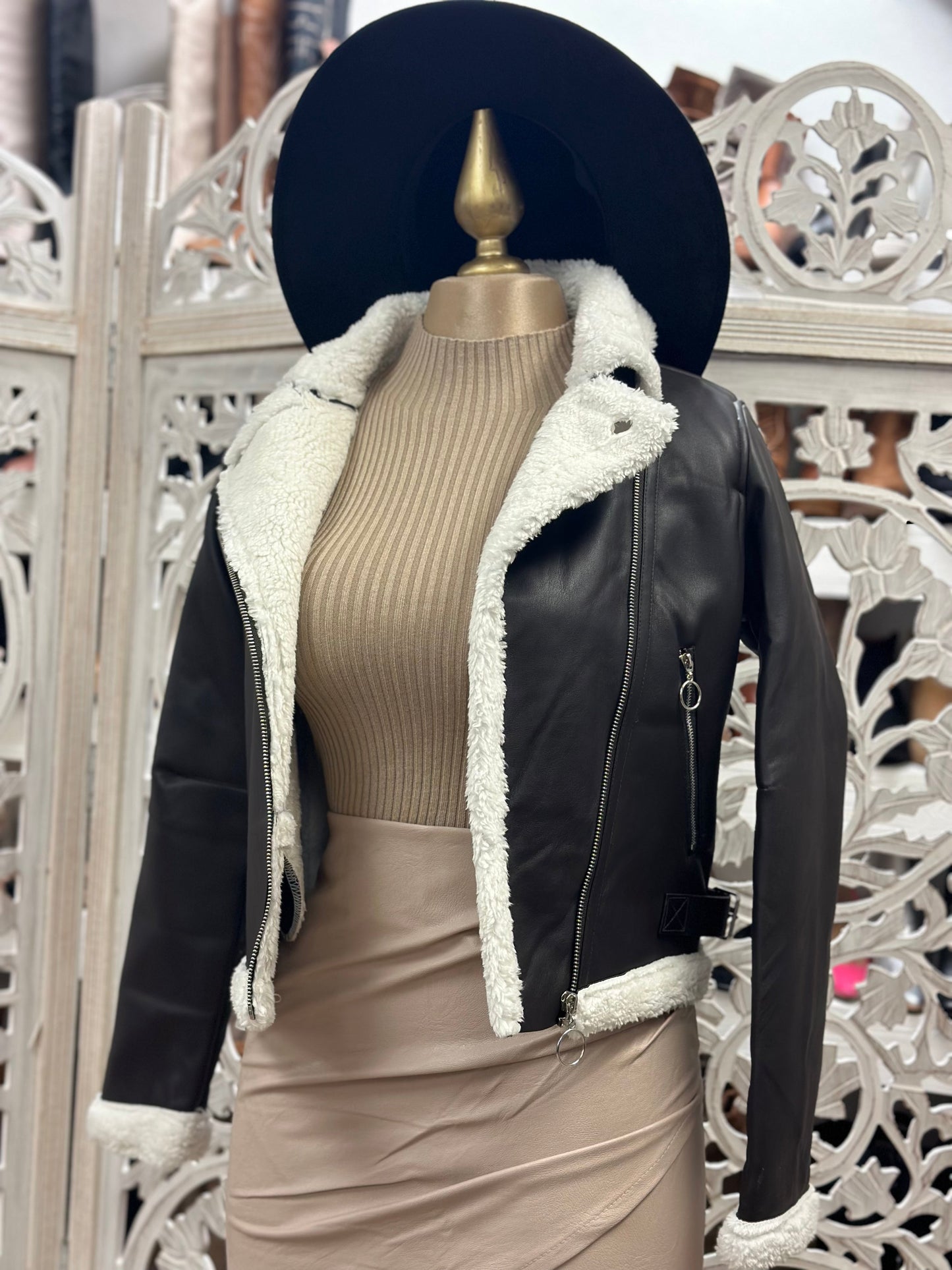 Sherpa Lined Faux Leather Zip Up Jacket