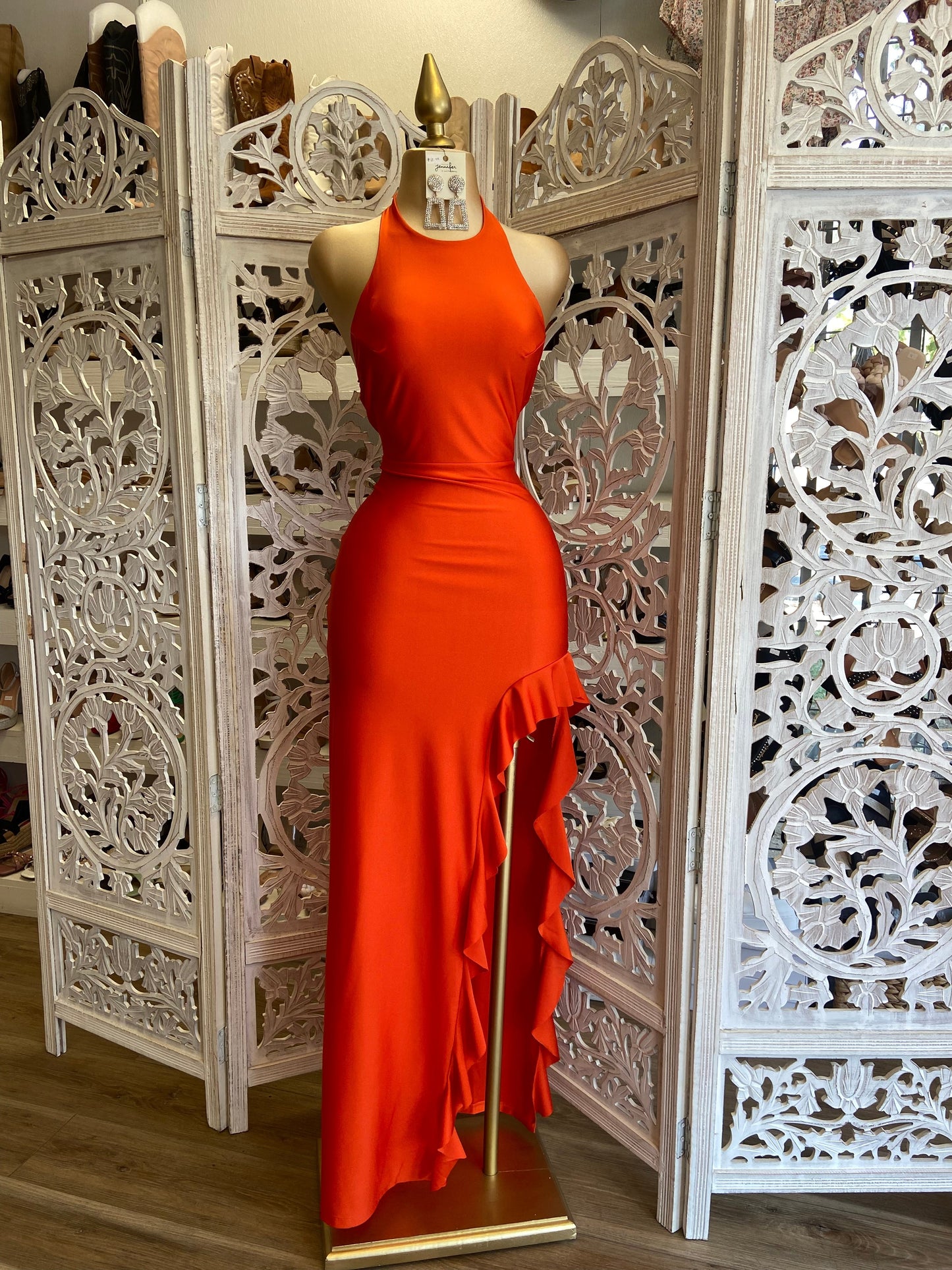 Orange Red Ruffled Mock Neck Dress