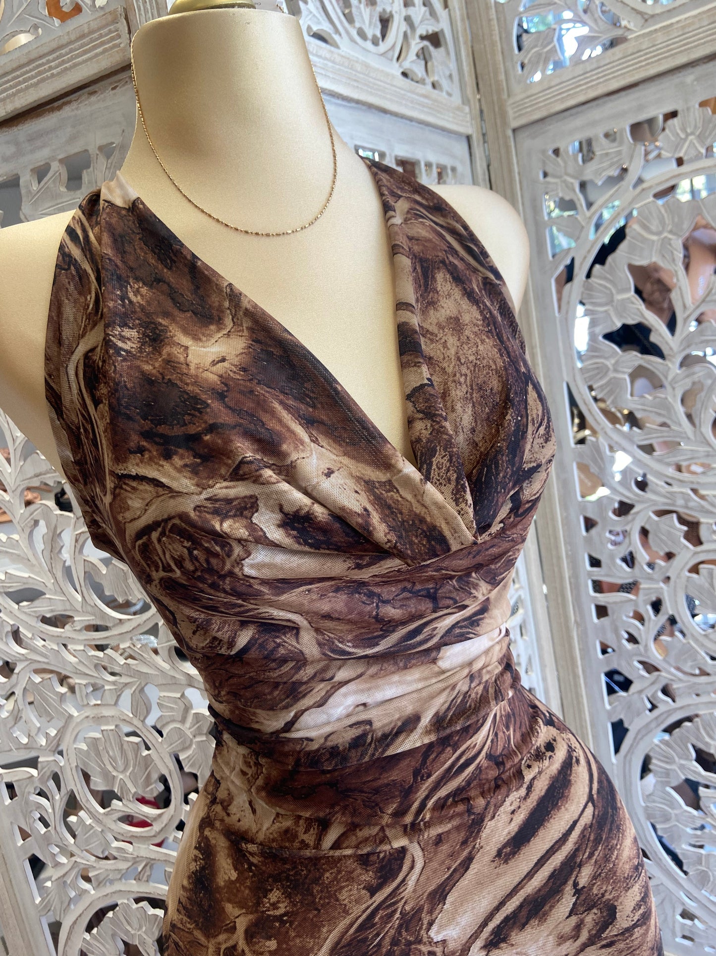 Tie Dye Cowl Neck Brown Dress