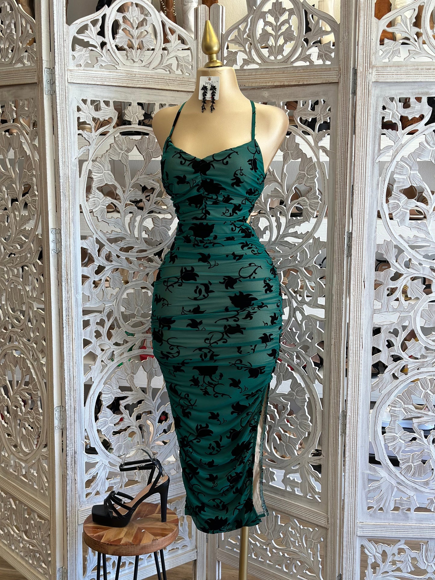 Emerald Velvet Floral Tie Back Dress