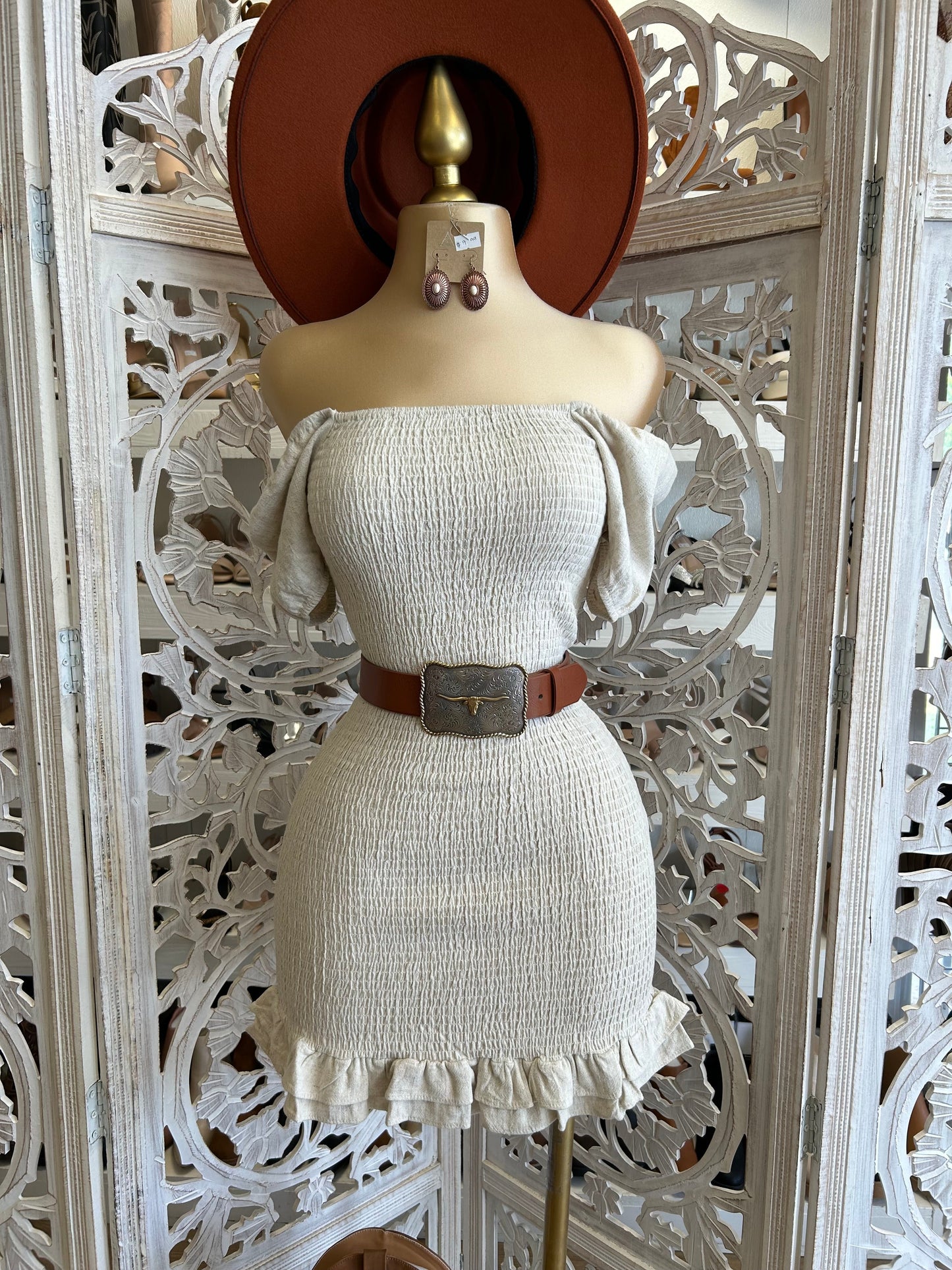 Beige Smocked Mini Dress- Stretchy