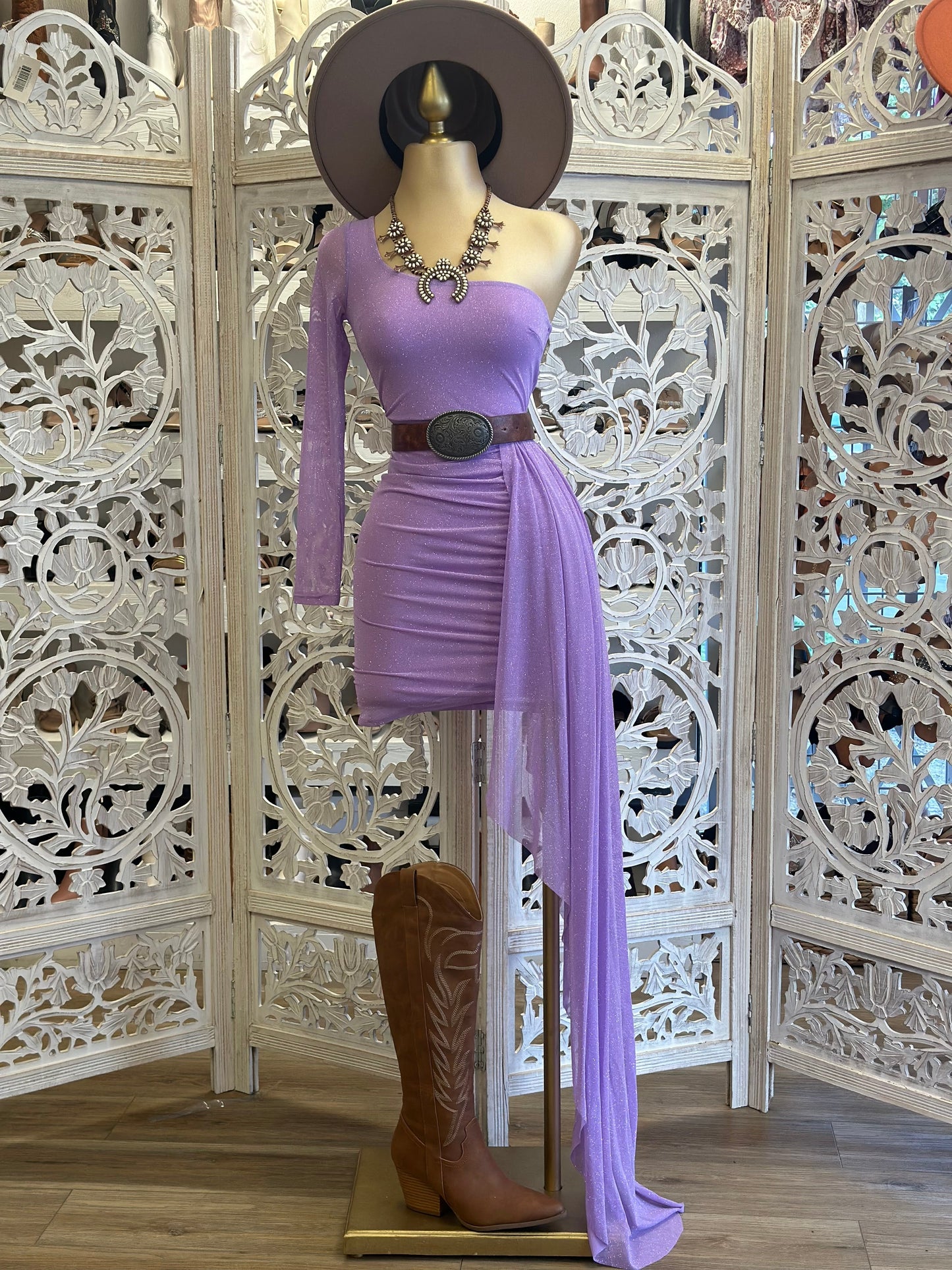 Glitter Purple Off Shoulder Tailed Dress- Stretchy