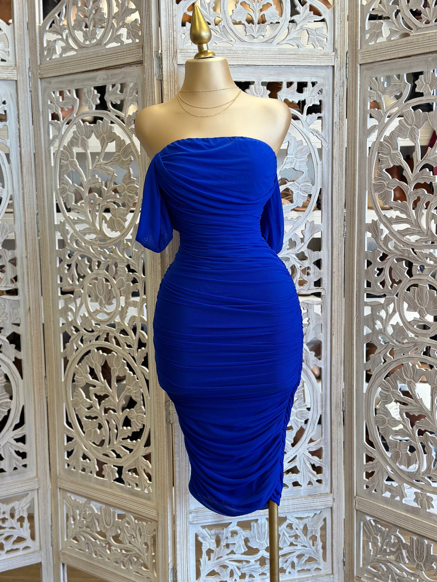 Royal Blue Off Shoulder Midi Ruched Dress- Stretchy