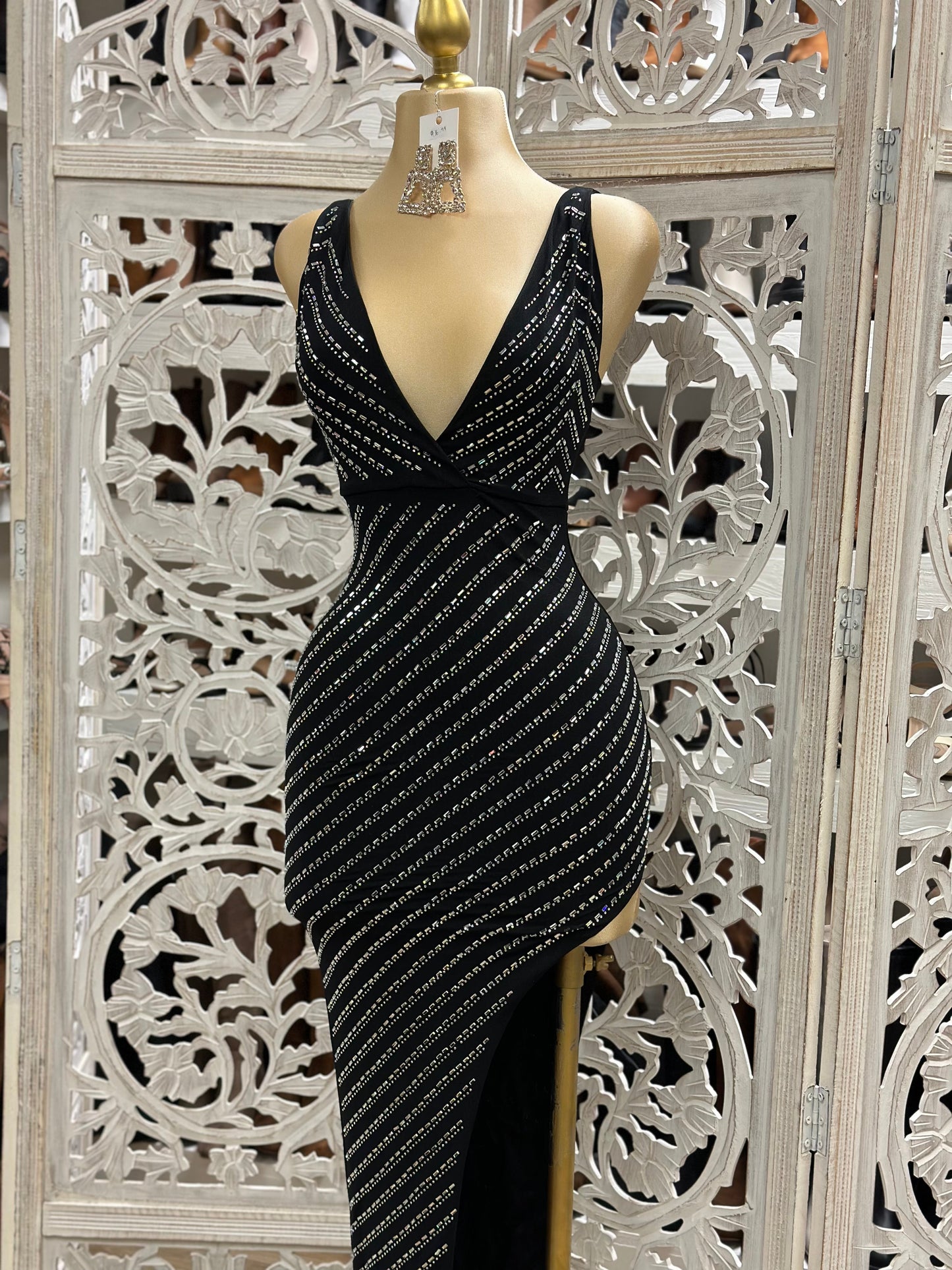 V Rhinestone Black Dress