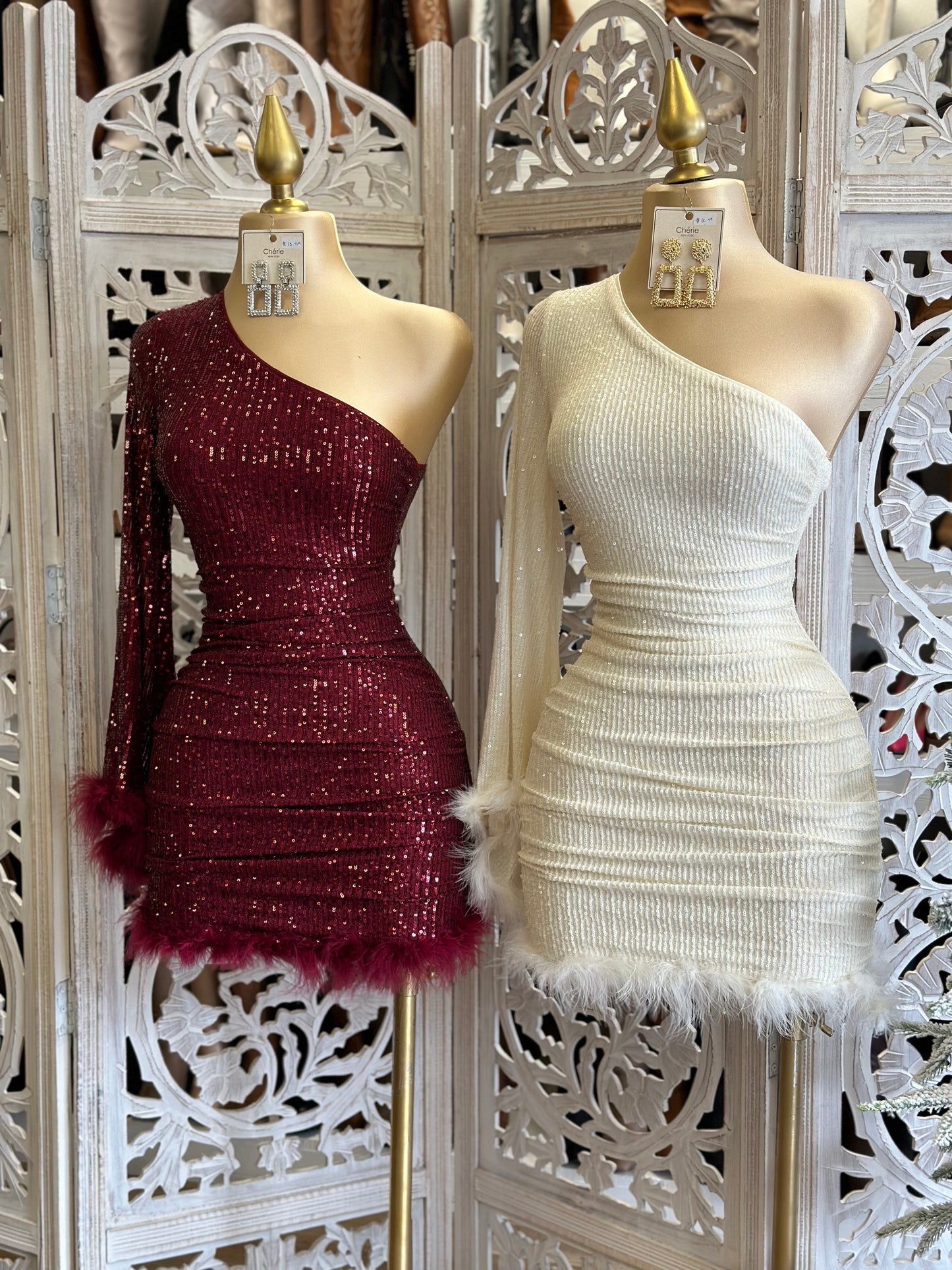 Burgundy Sequin Feathered Dress