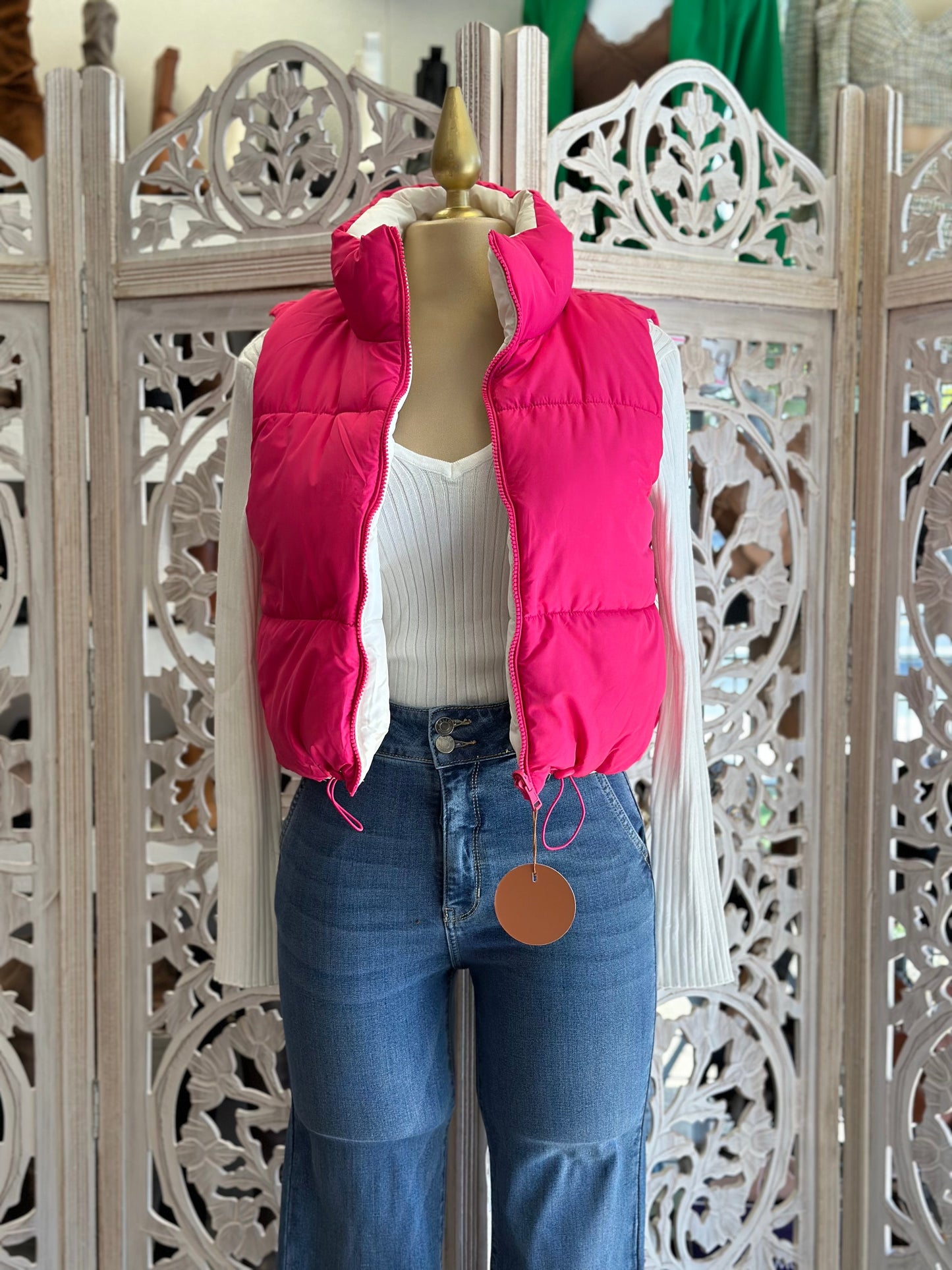 Double Color Hot Pink and White Cropped Puffer Vest