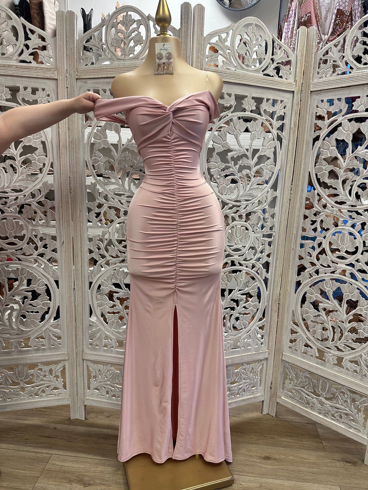 Rose Gold Ruched Off Shoulder Gown- Stretchy