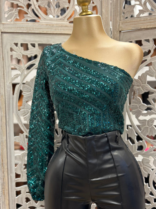 Green Sequin Assymetric One Sleeve Blouse