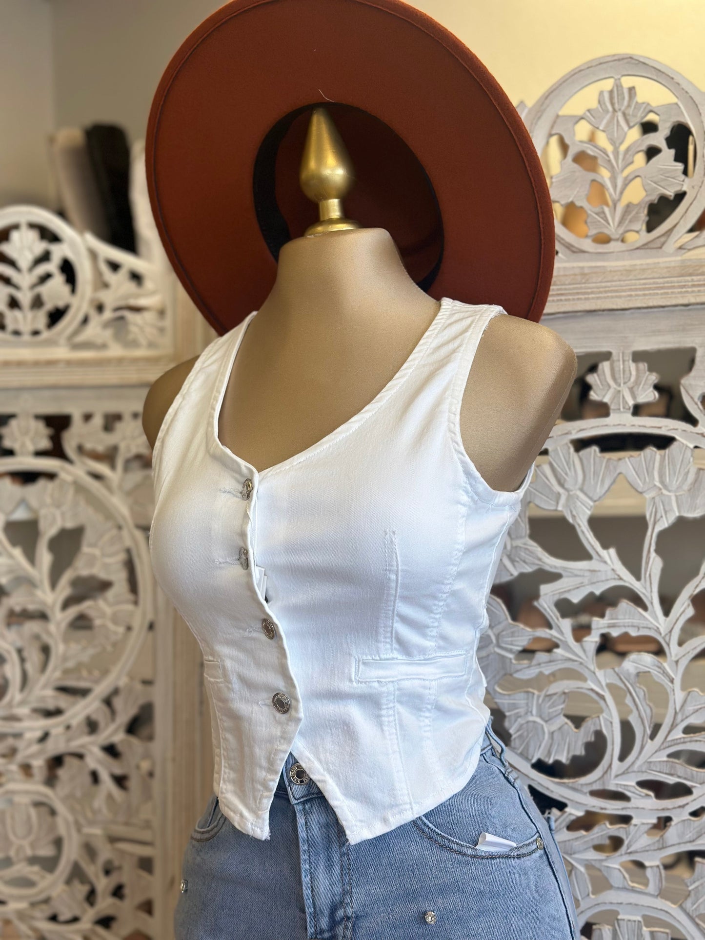 White Denim Vest Top- Slightly Stretchy