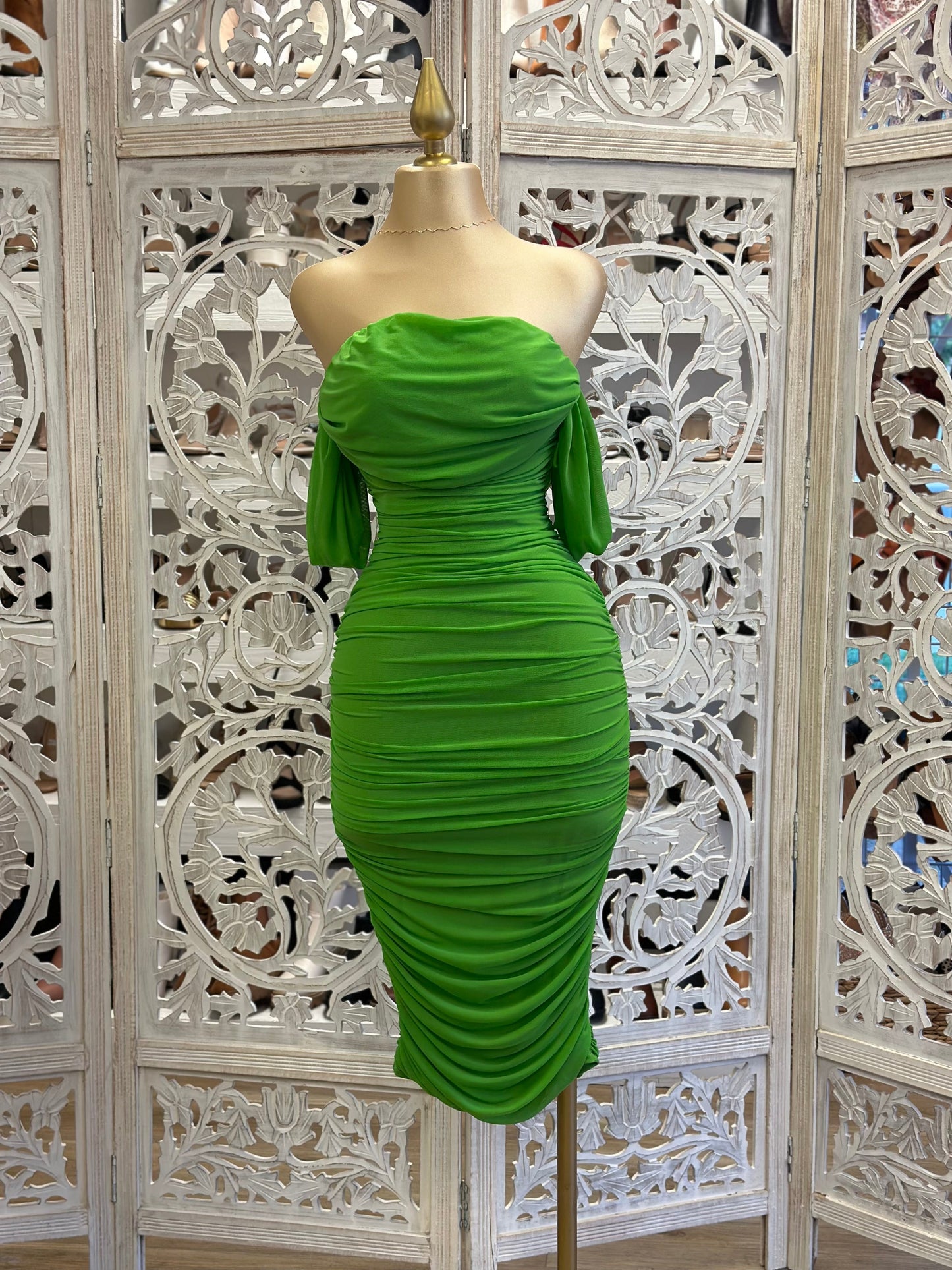 Green Midi Off Shoulder Ruched Dress- Stretchy