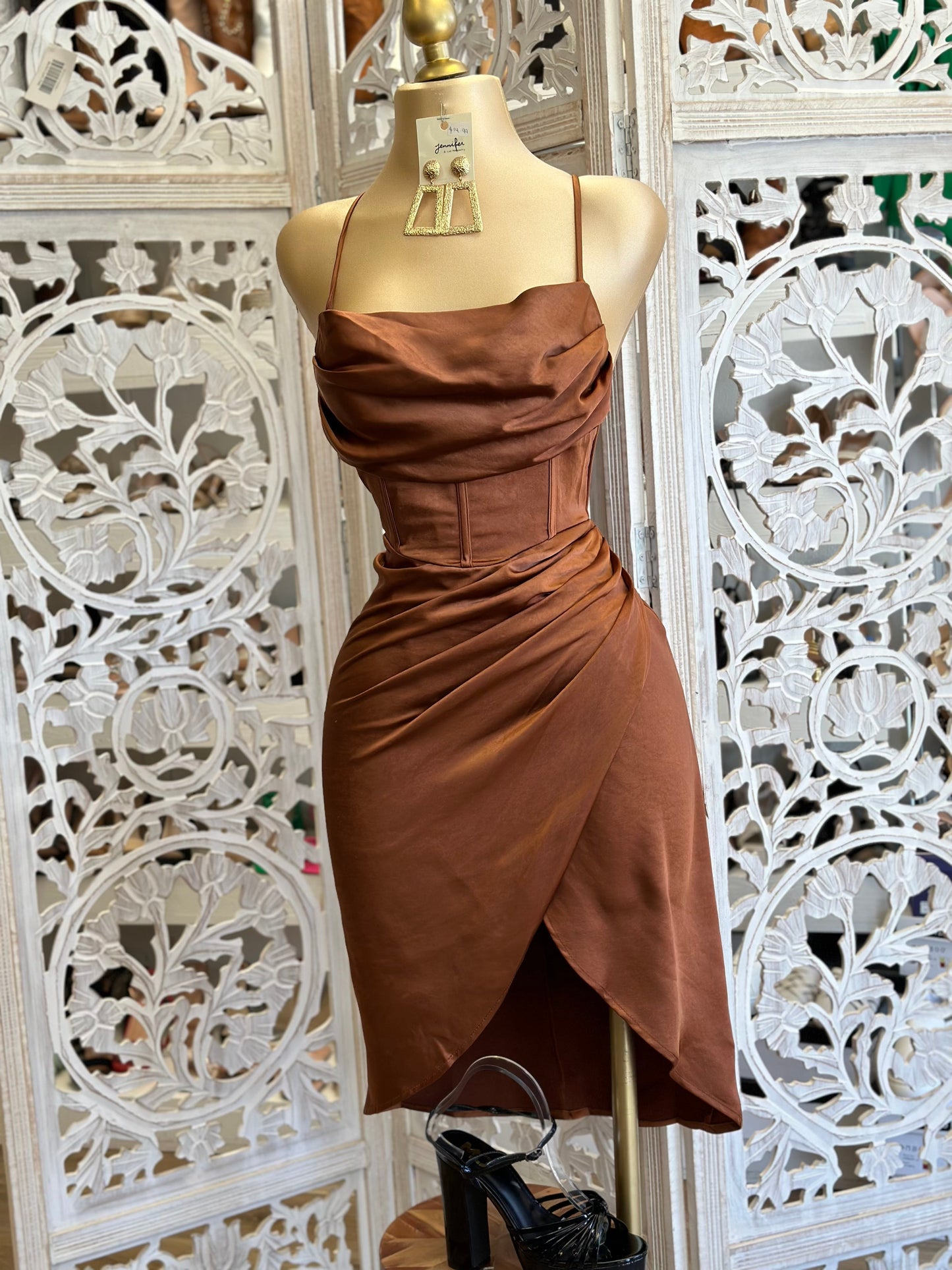 Draped Midi Silk Brown Corset Dress