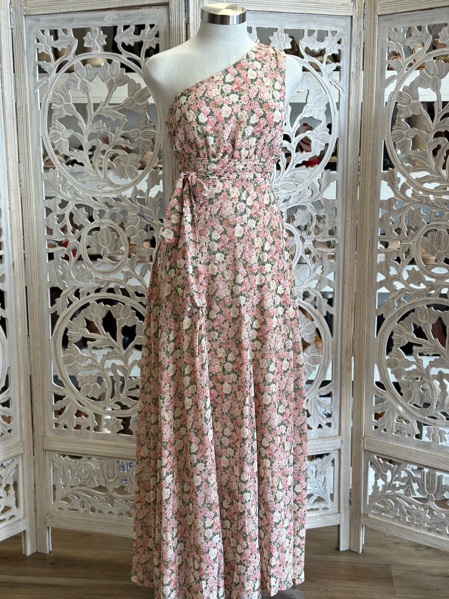 One Sleeve Pink Floral Maxi Dress- Not Stretchy