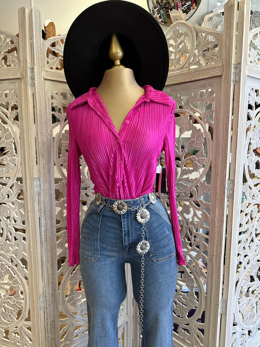 Pink Pleated Button Blouse