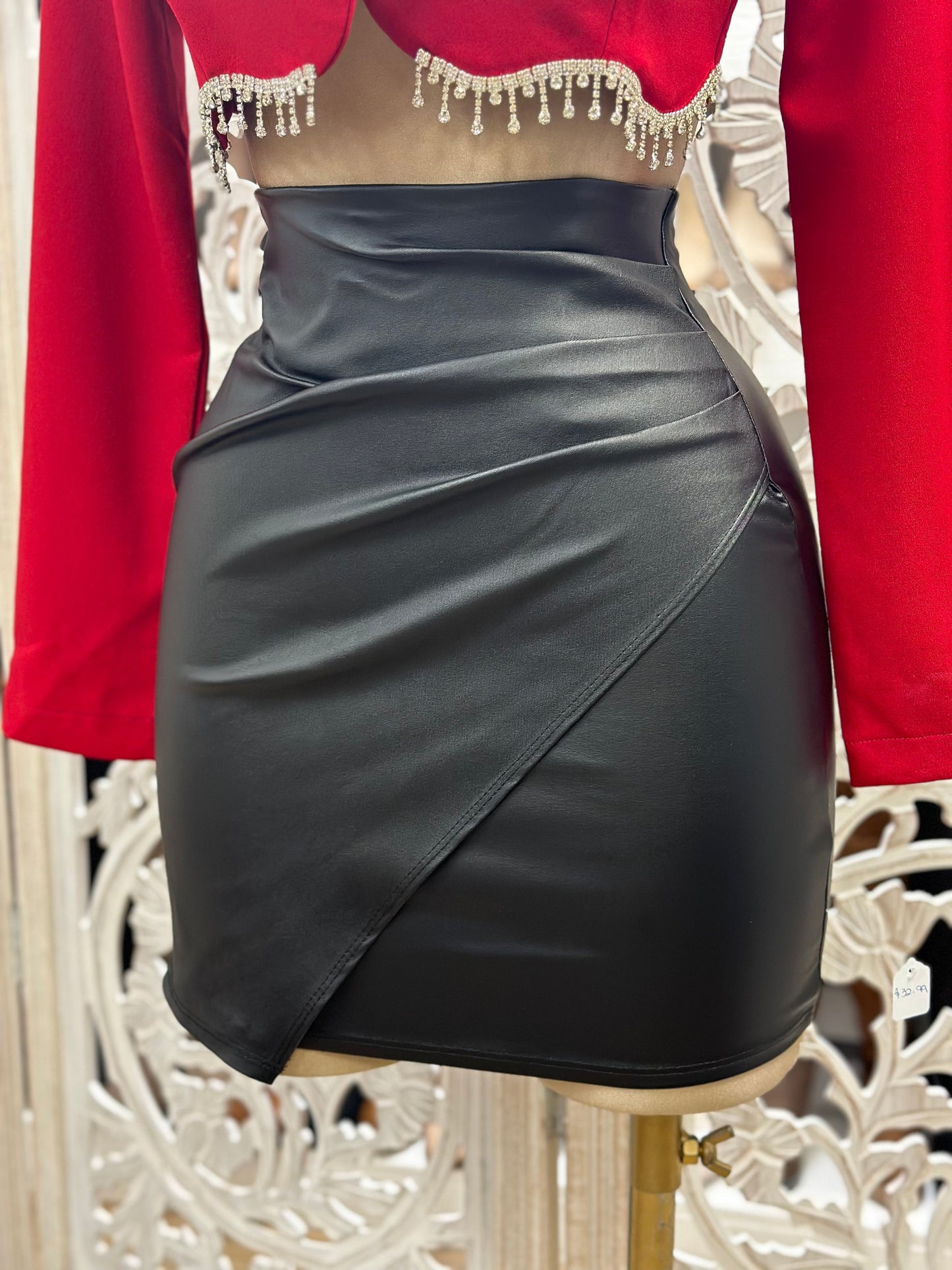 Black Wrapped Faux Leather Skirt