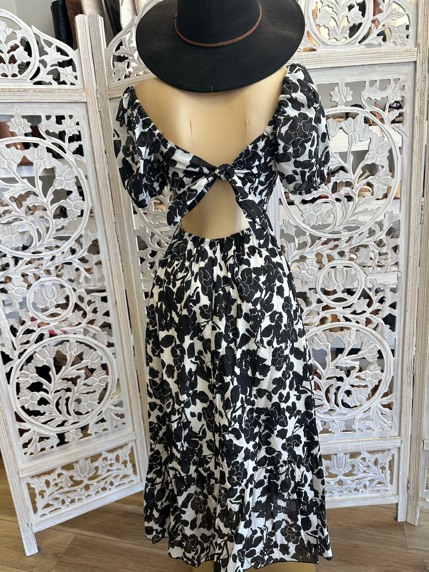 Black Puff Sleeve Floral Maxi Dress- Slightly Stretchy