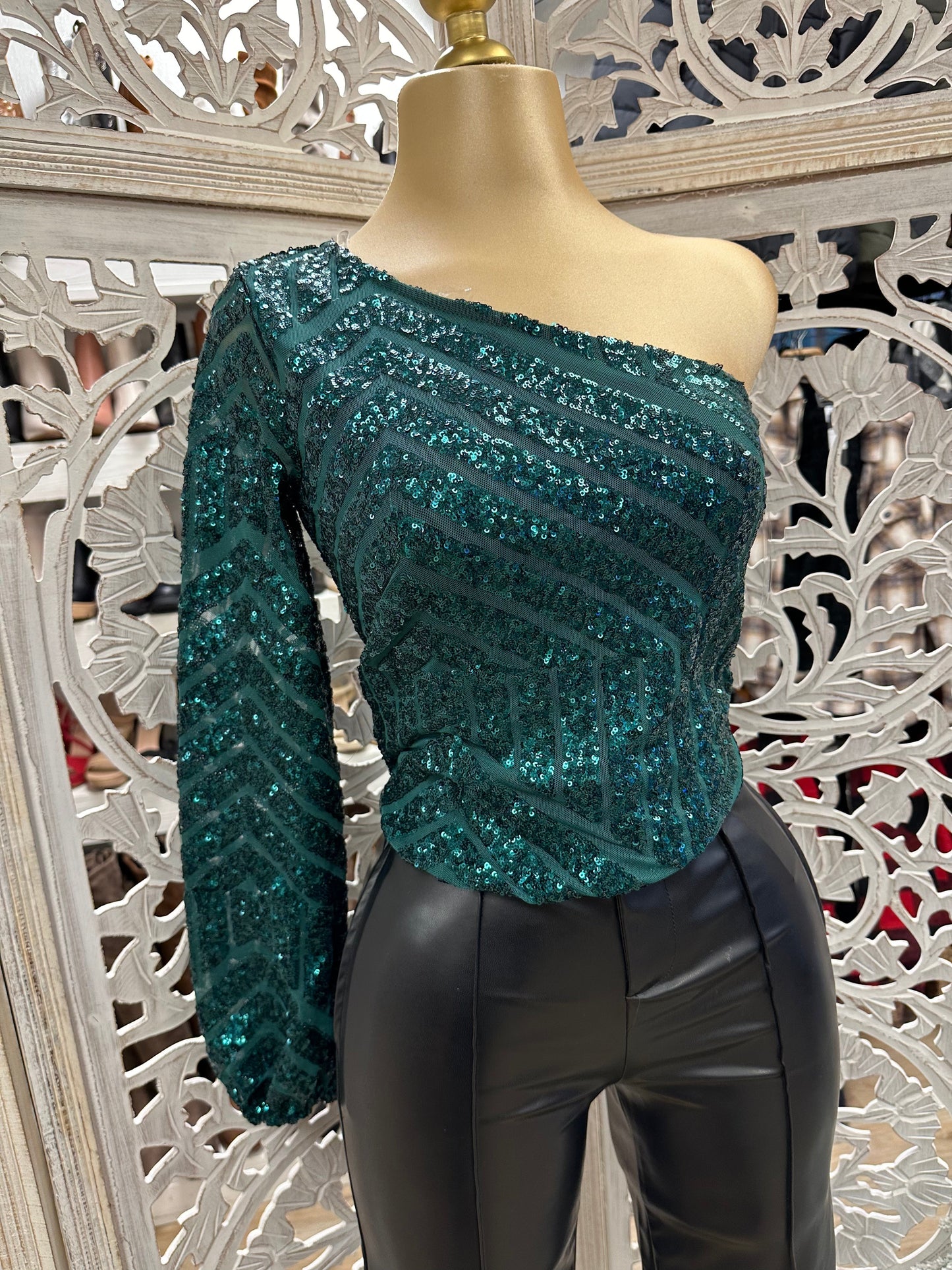 Green Sequin Assymetric One Sleeve Blouse