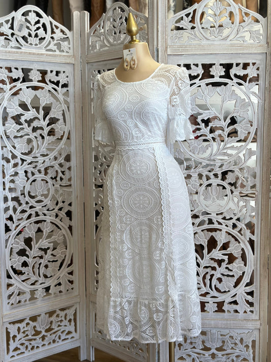 White Lace Midi Dress- Not Stretchy