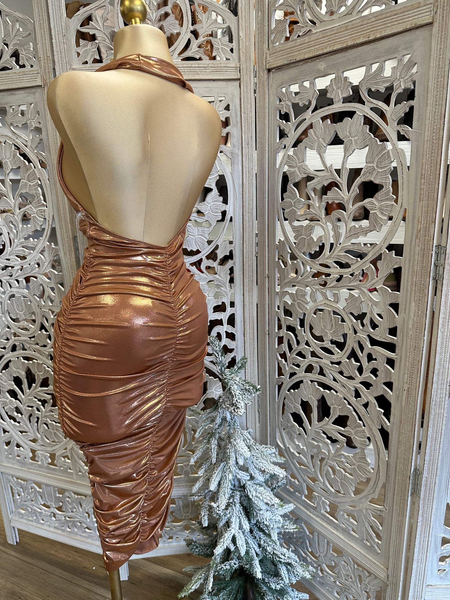 Rose Gold Cowl Neck Mini Dress