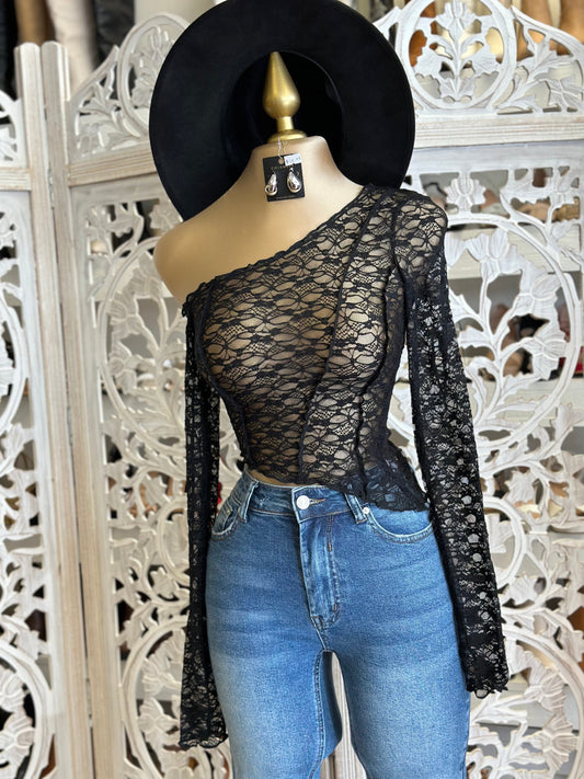 Black Drop Shoulder Lace Long Sleeve - Stretchy