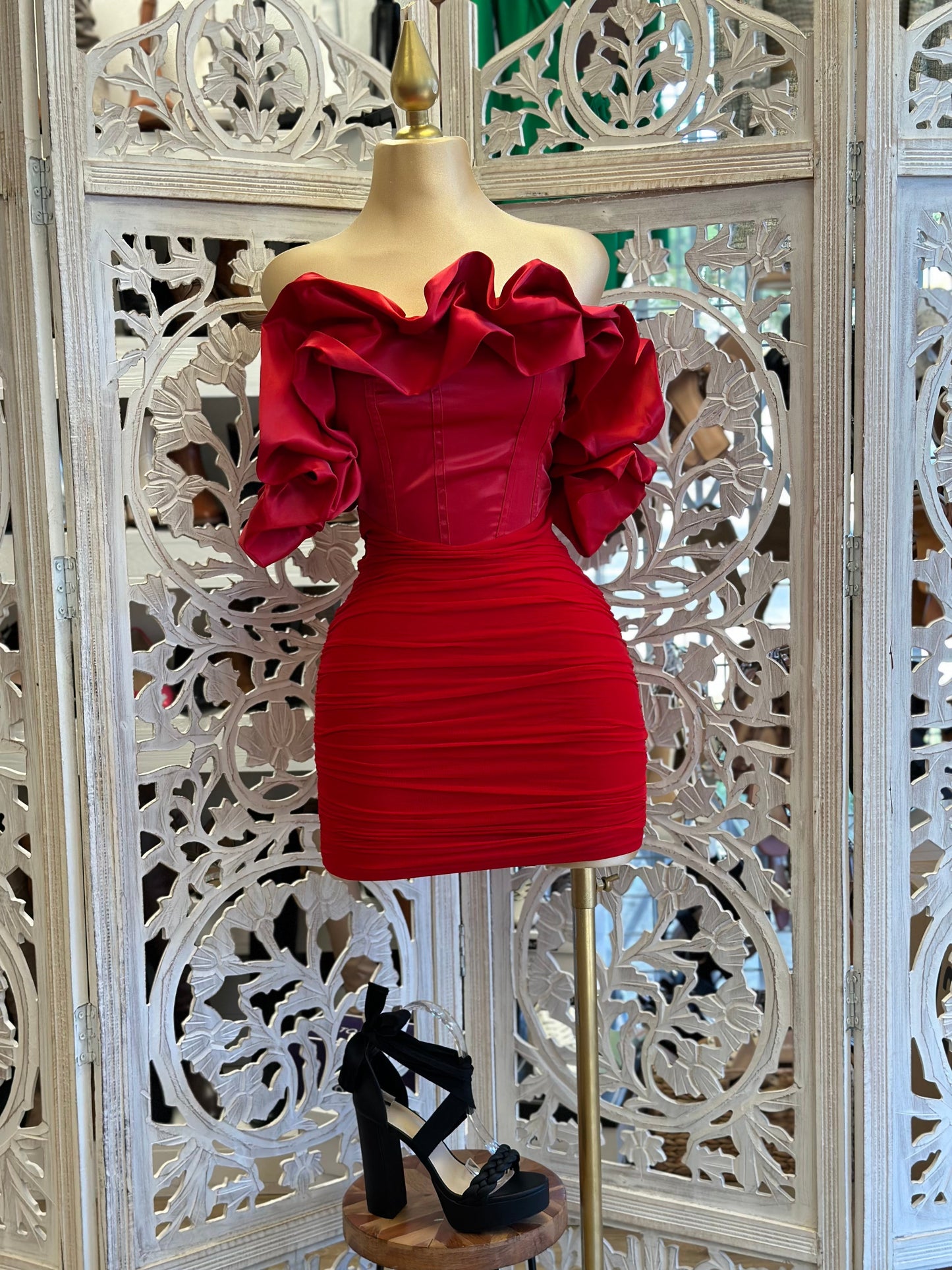 Red Satin Corset Puff Dress