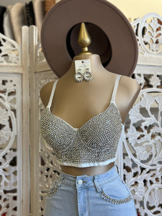 White Rhinestone Bralette Top