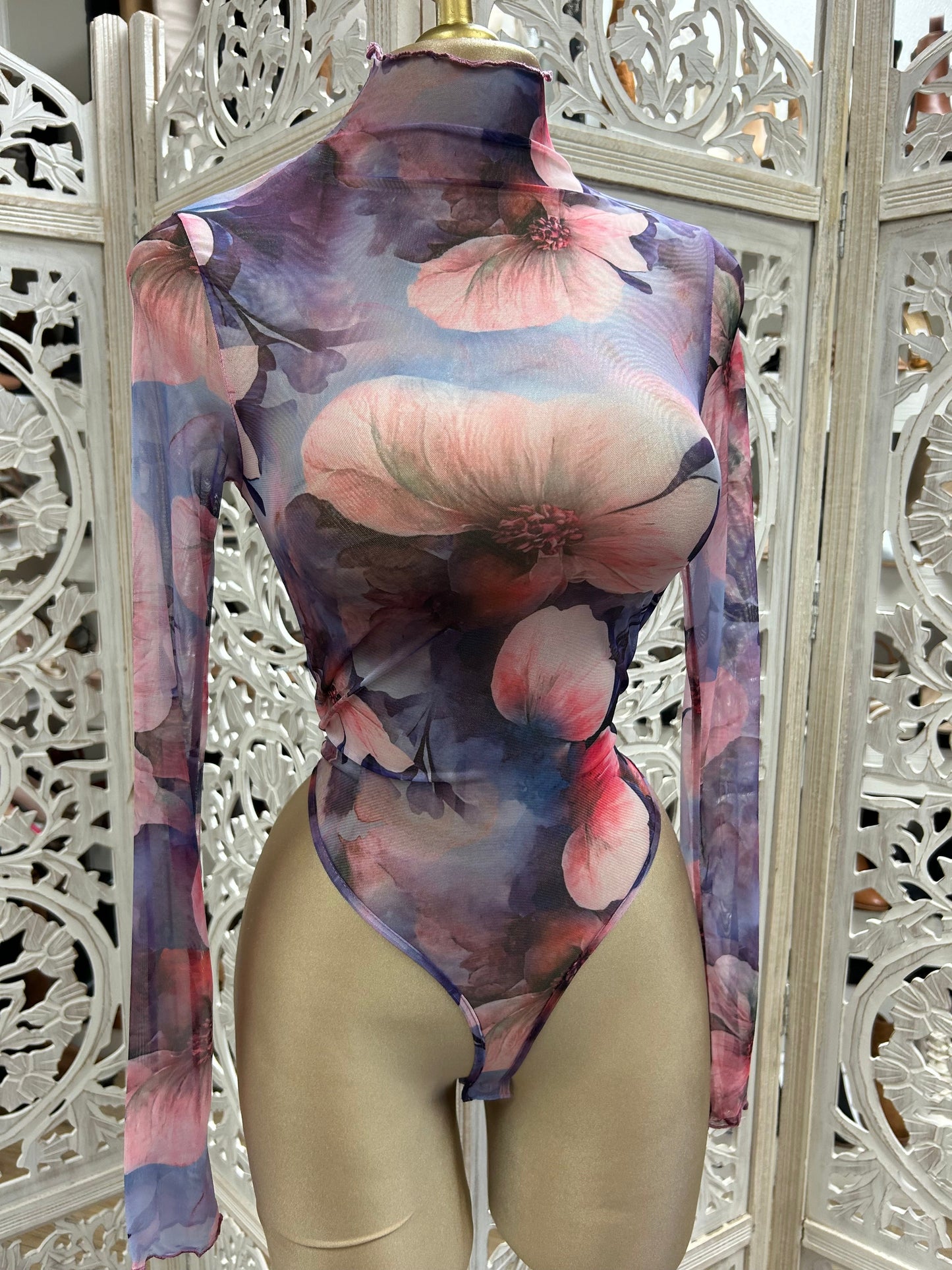 Purple Floral Print Mock Neck Bodysuit- Stretchy