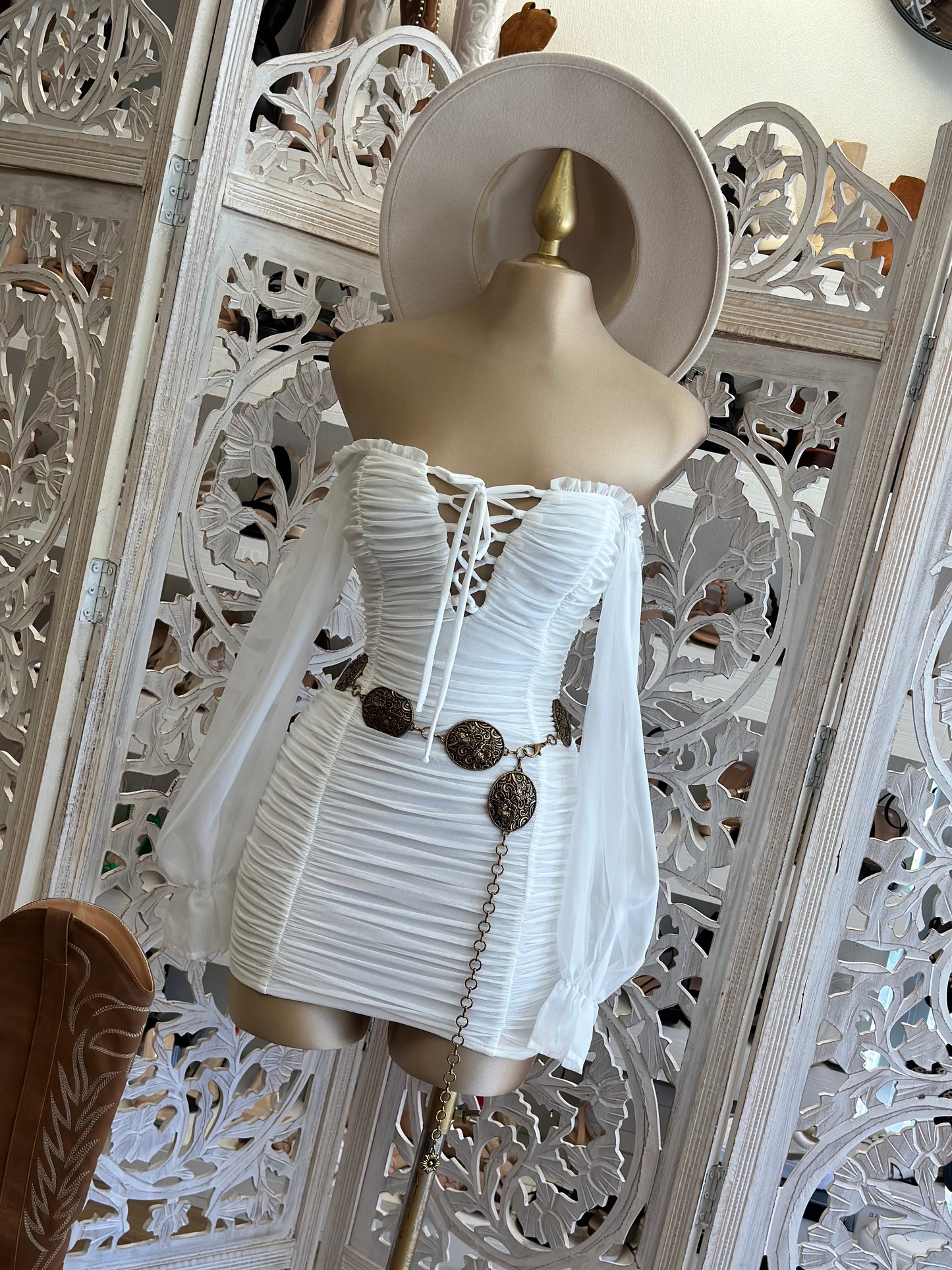 White Tie Up Boho Sleeve Mini Dress