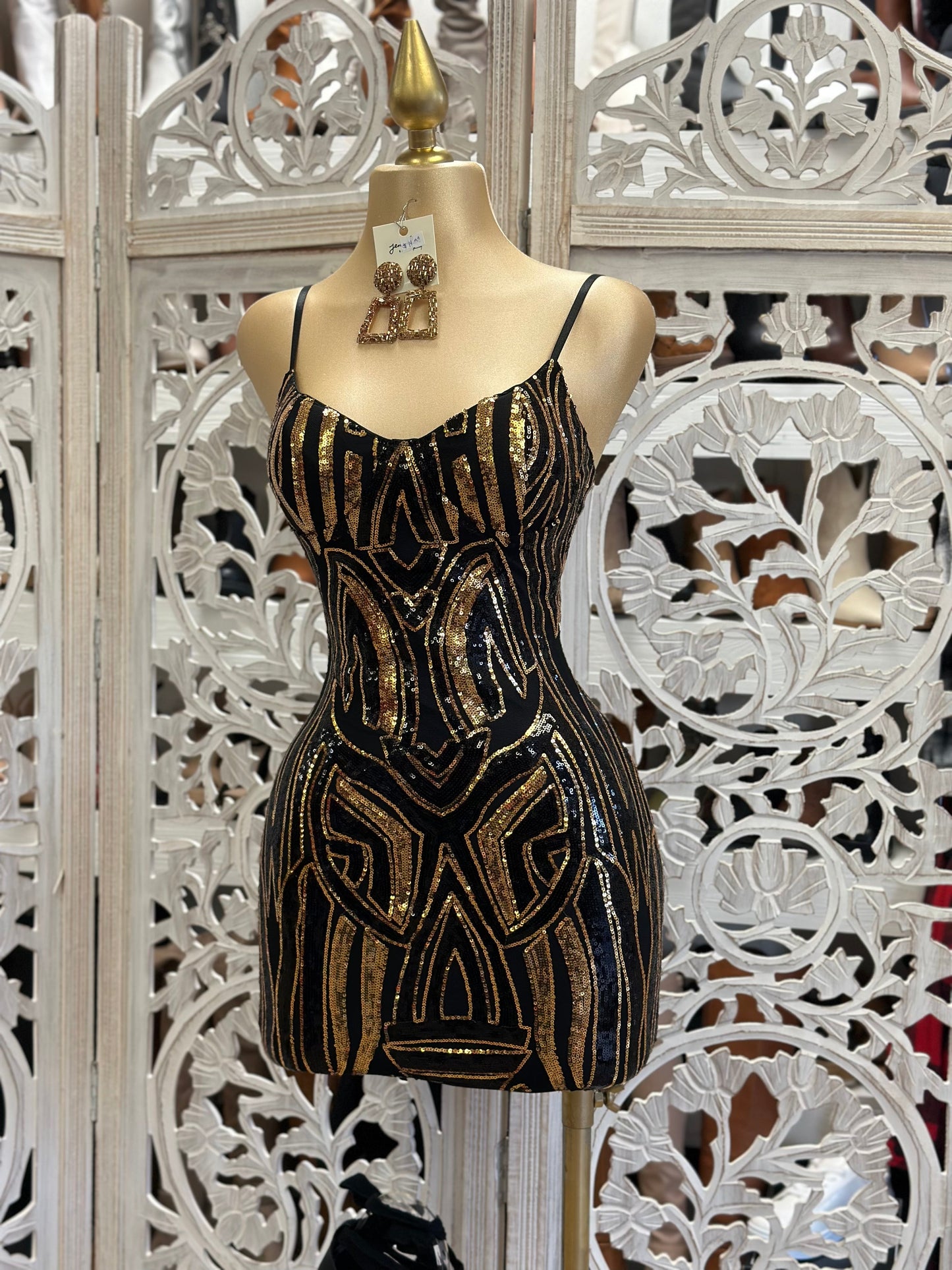 Black Sequin Pattern Mini Dress