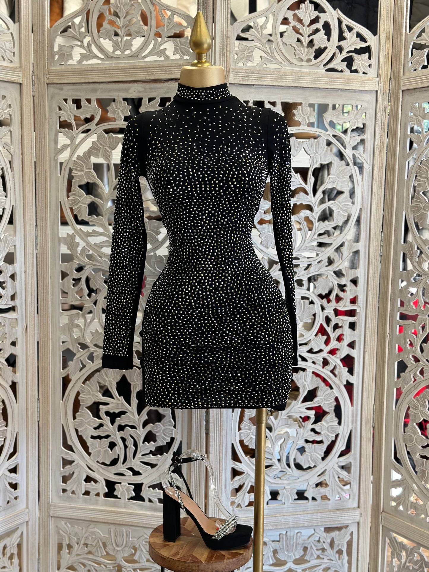 Black Rhinestone Mock Neck Mini Dress