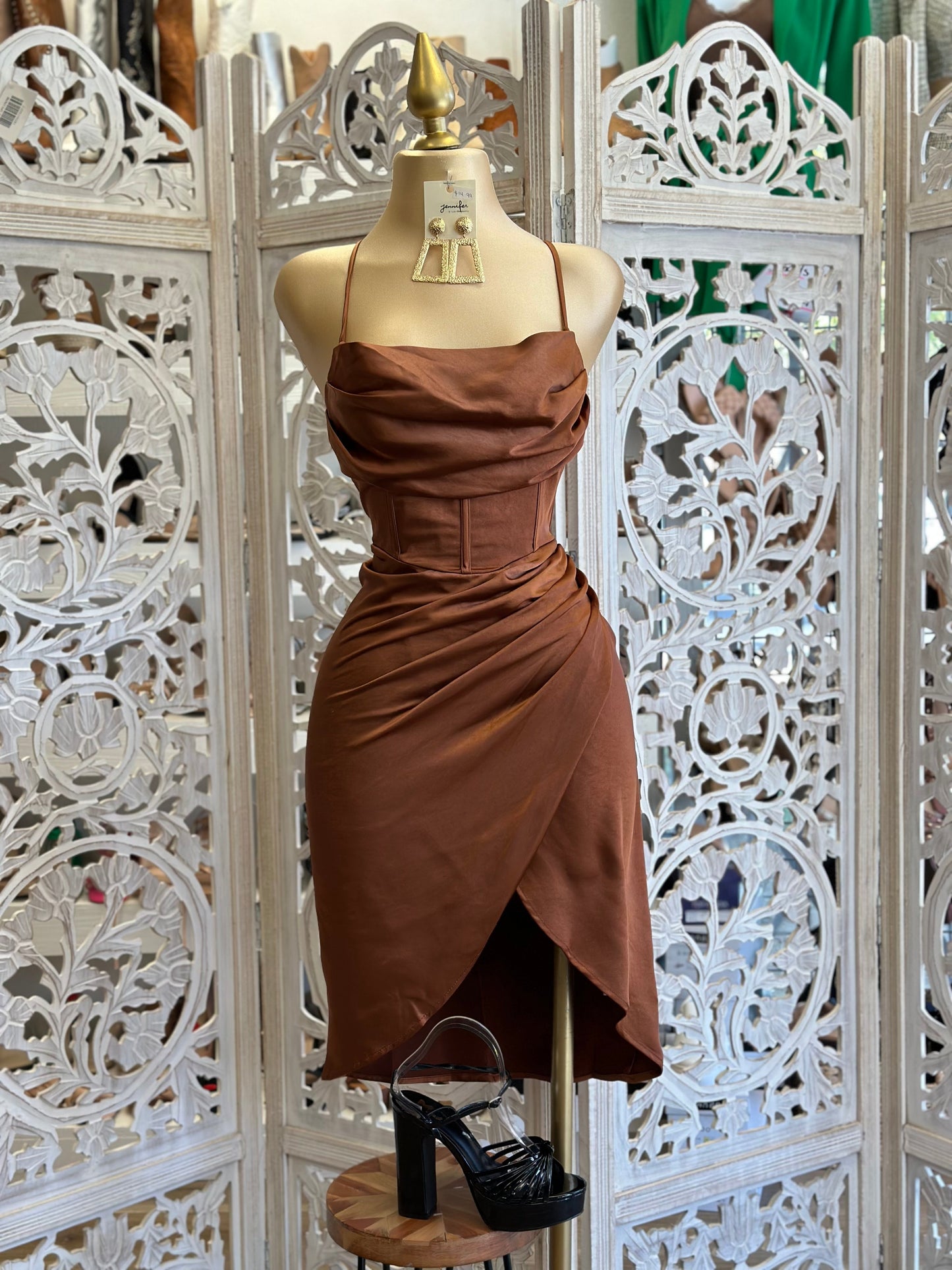 Draped Midi Silk Brown Corset Dress