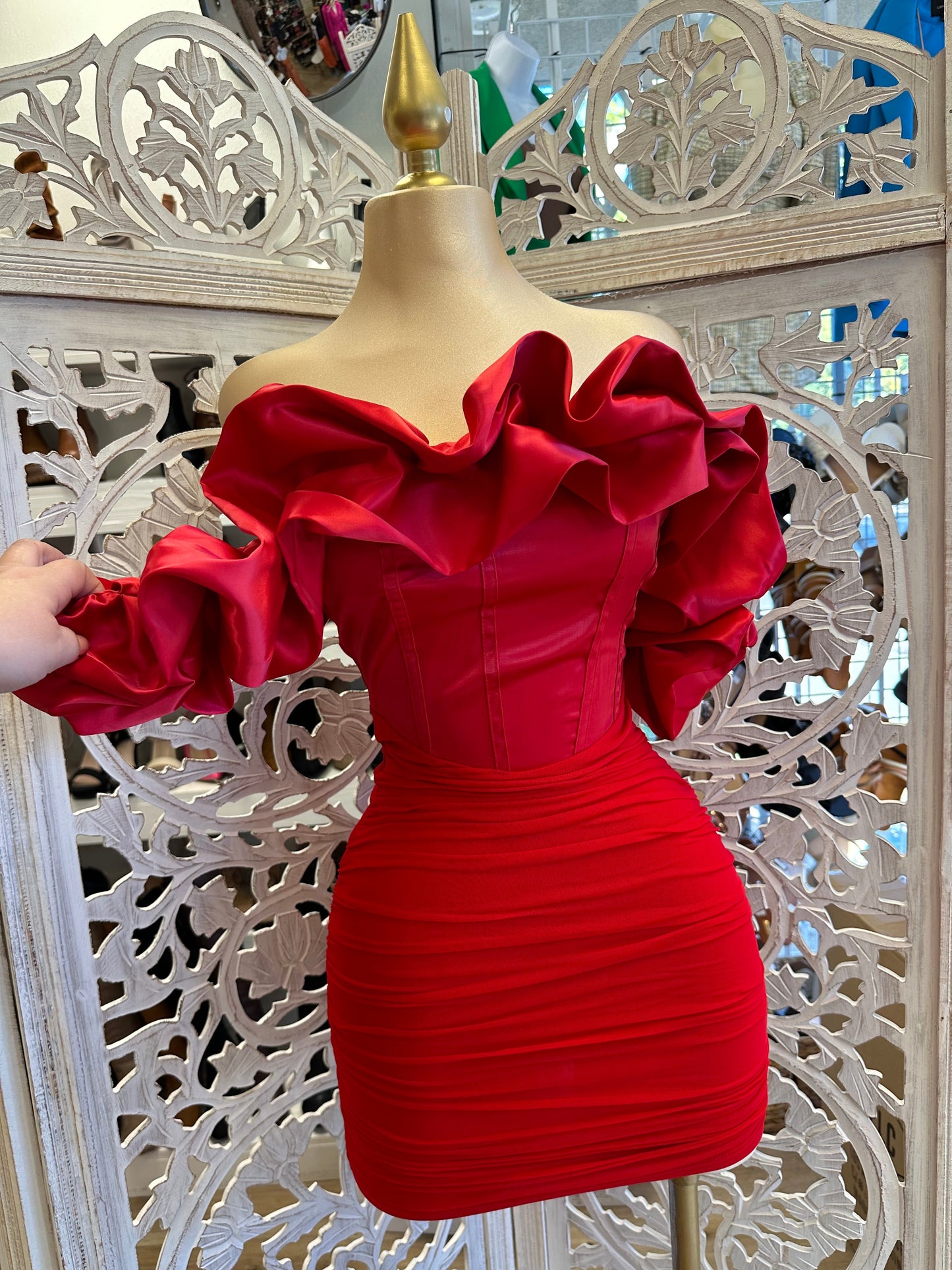 Red Satin Corset Puff Dress