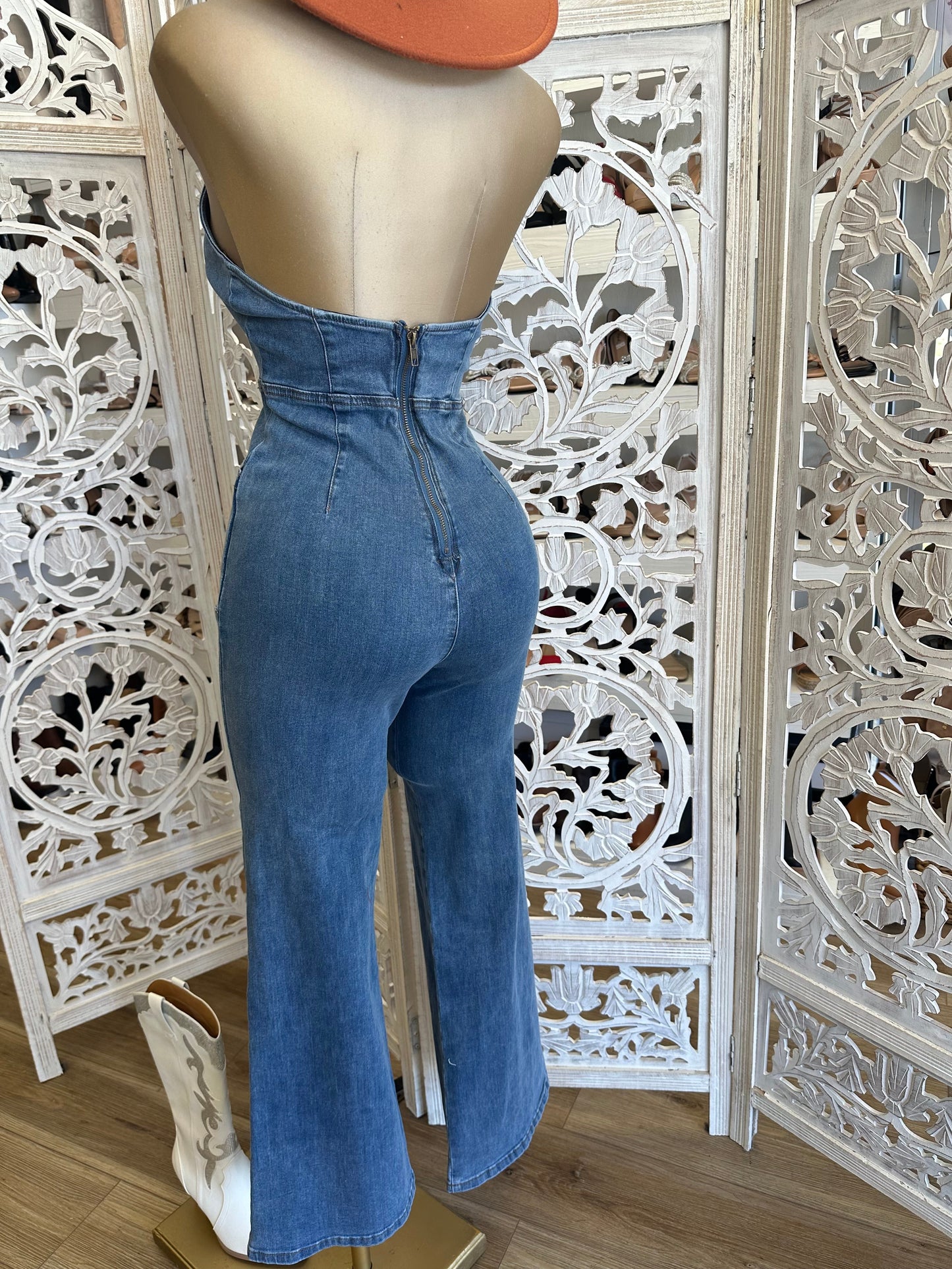 Denim Collard Backless Jumpsuit-  Stretchy