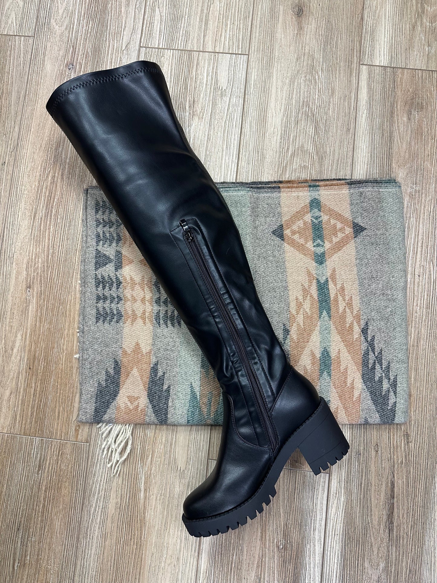 Black Faux Leather Thick Heeled Long Boot