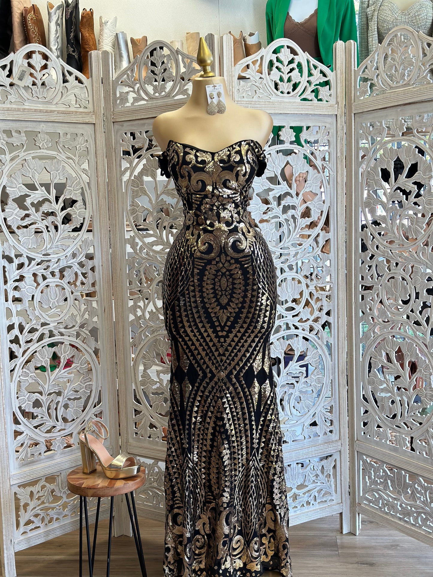 Gold and Black Sequin Design Gown