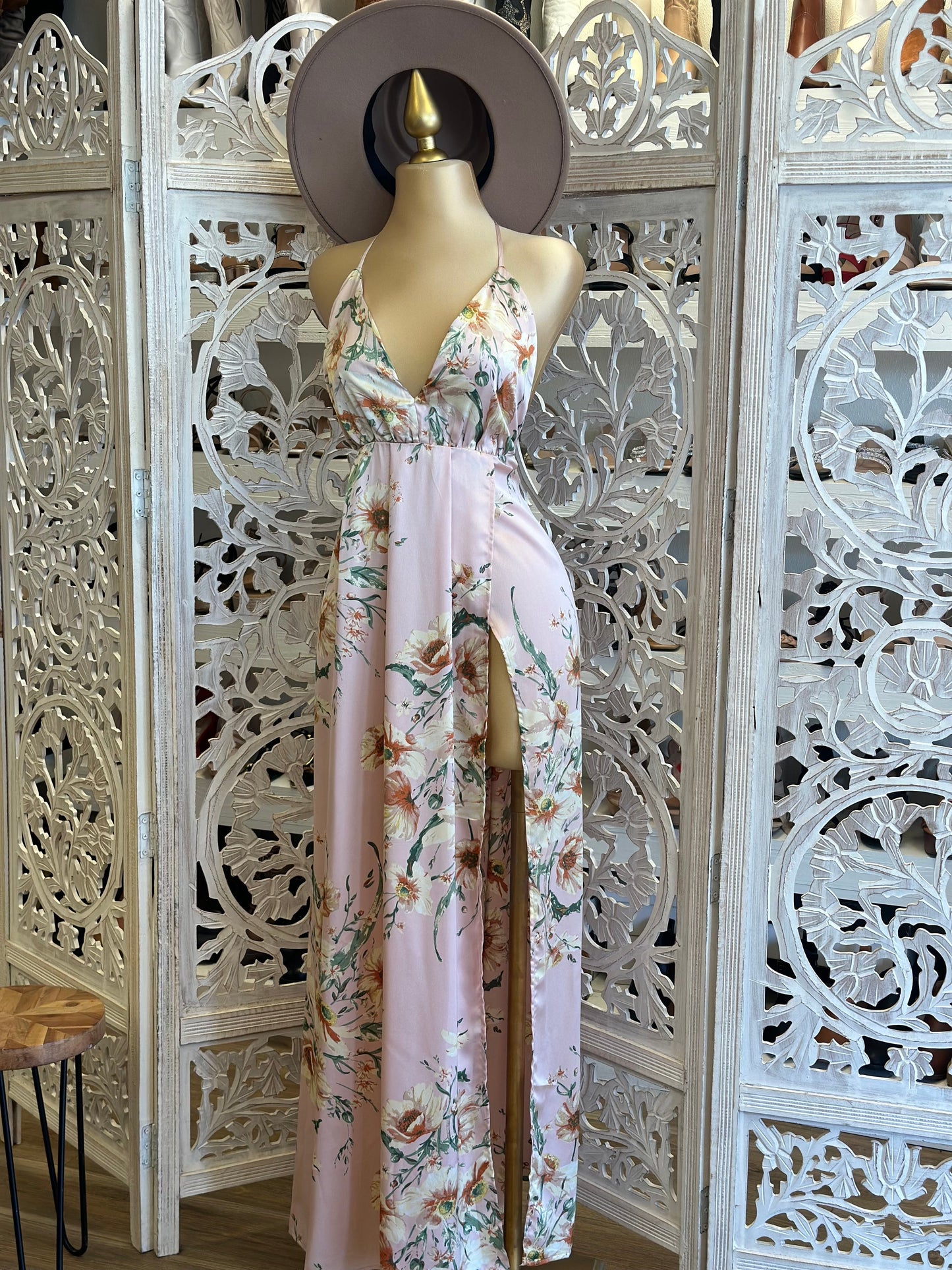 Pink Pattern Open Back Maxi Dress- Slightly Stretchy