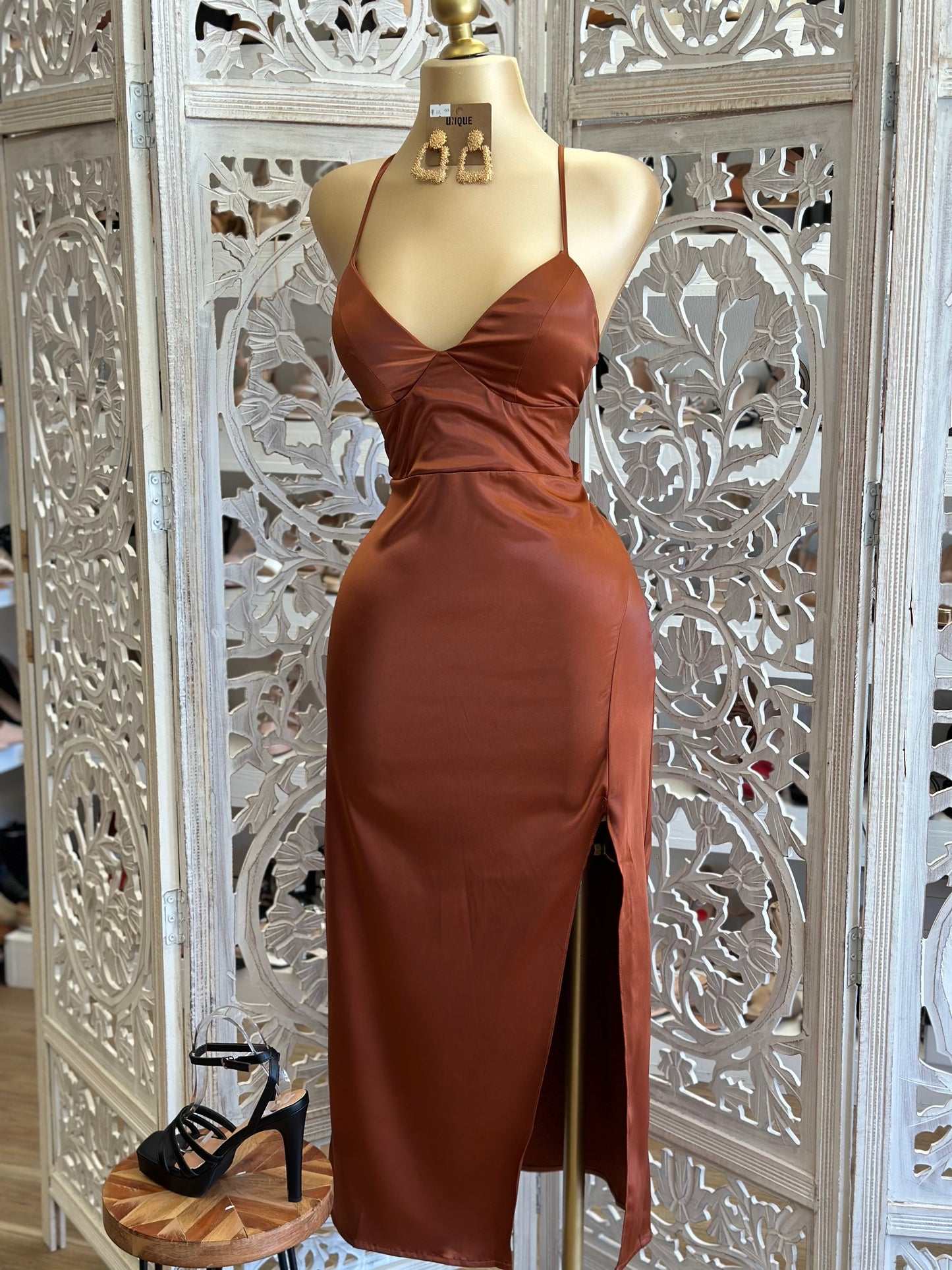 Coffee Brown Satin Tie Back Dress