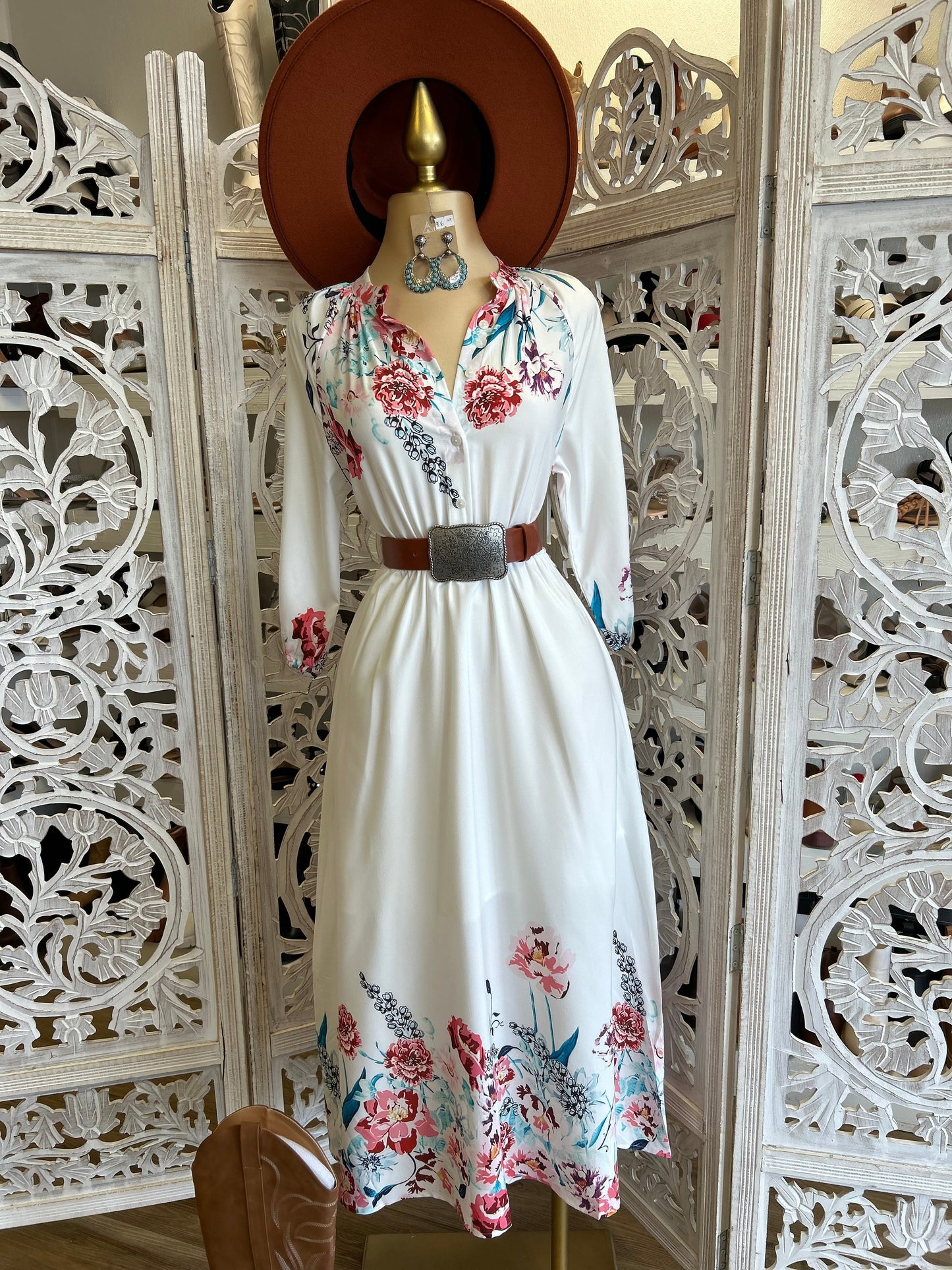 White Flower Border Midi Dress- Not Stretchy