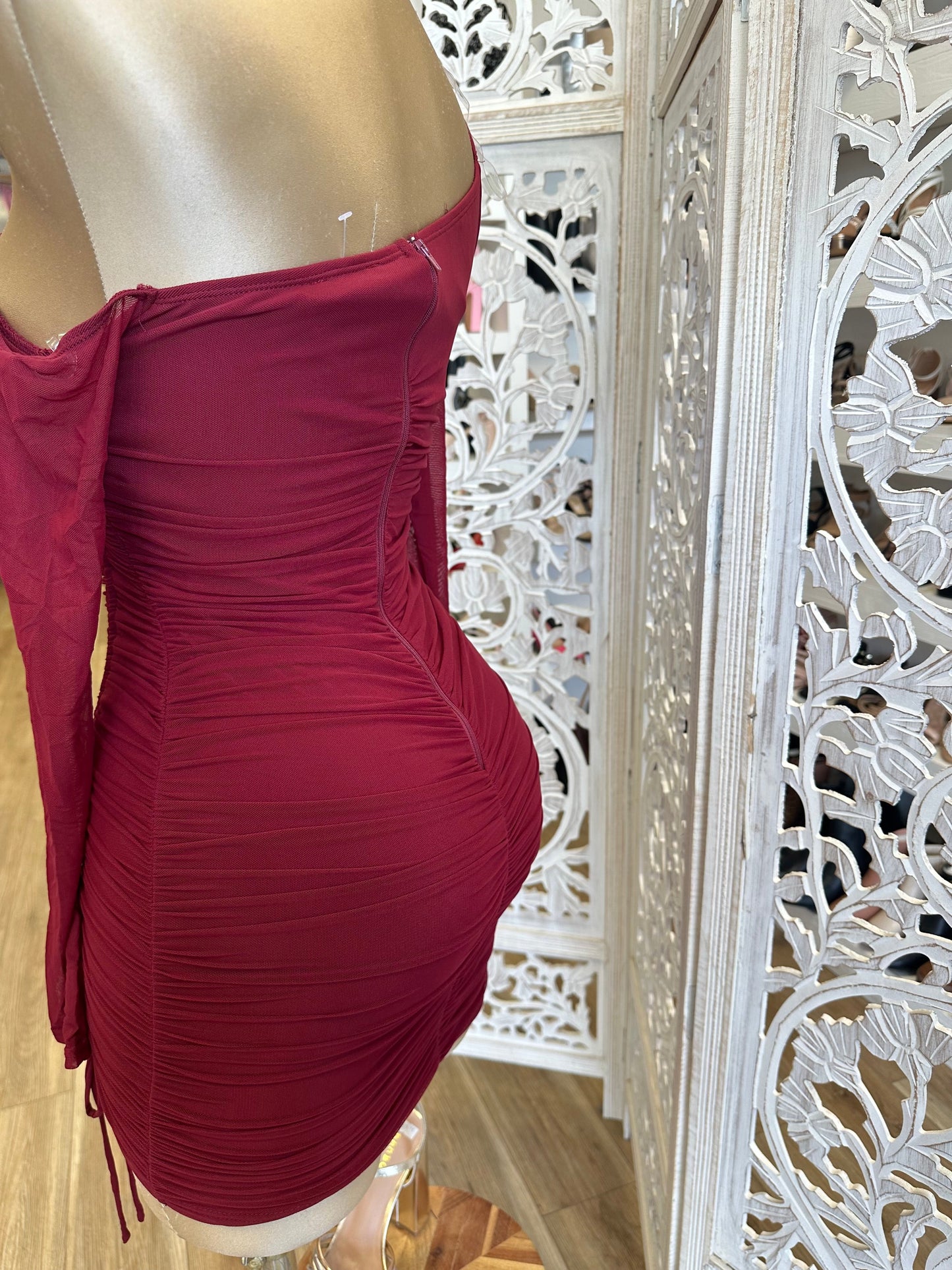 Burgundy Asymmetrical Ruched Mini Dress-Stretchy