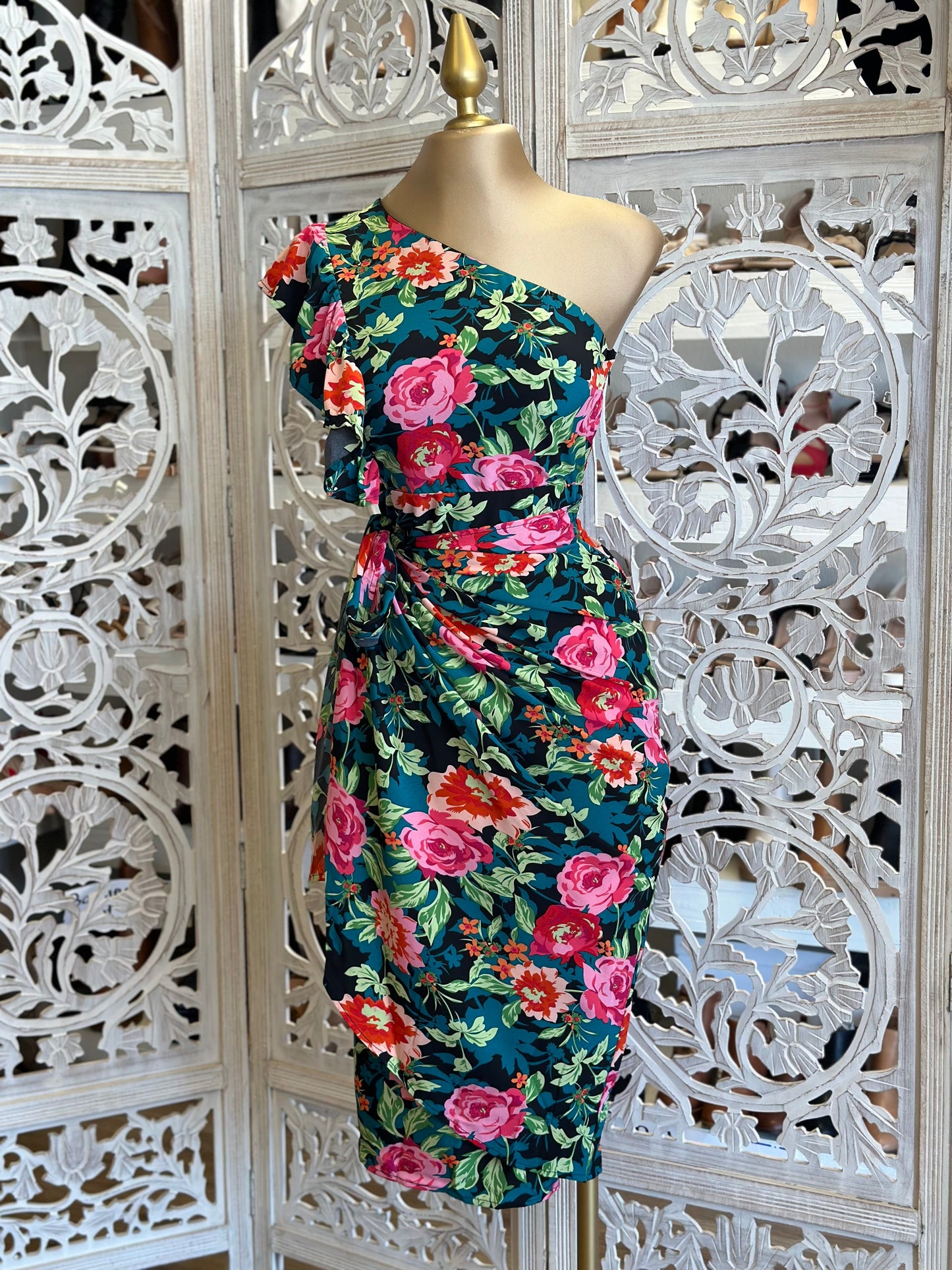 Wrapped Floral One Sleeve Multicolor Dress- Not Stretchy