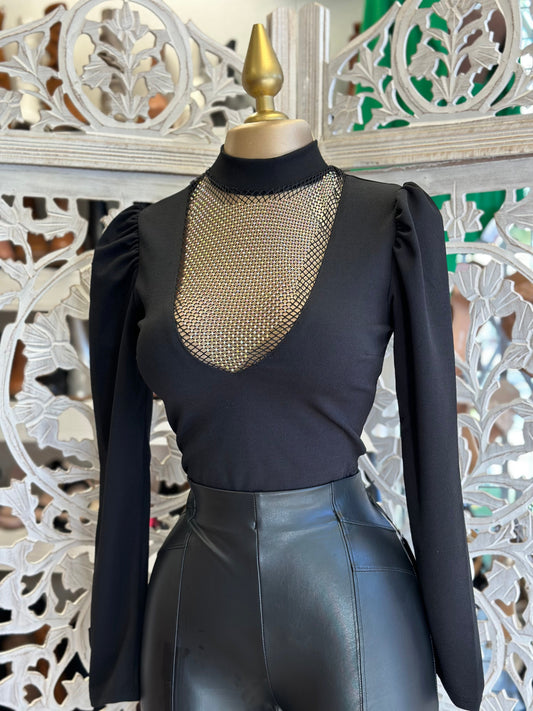 Black Rhinestone Scoop Blouse