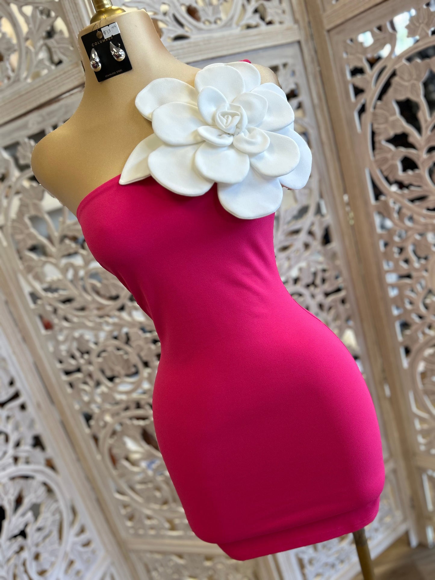 Enlarged Flower Pink Mini Dress- Stretchy