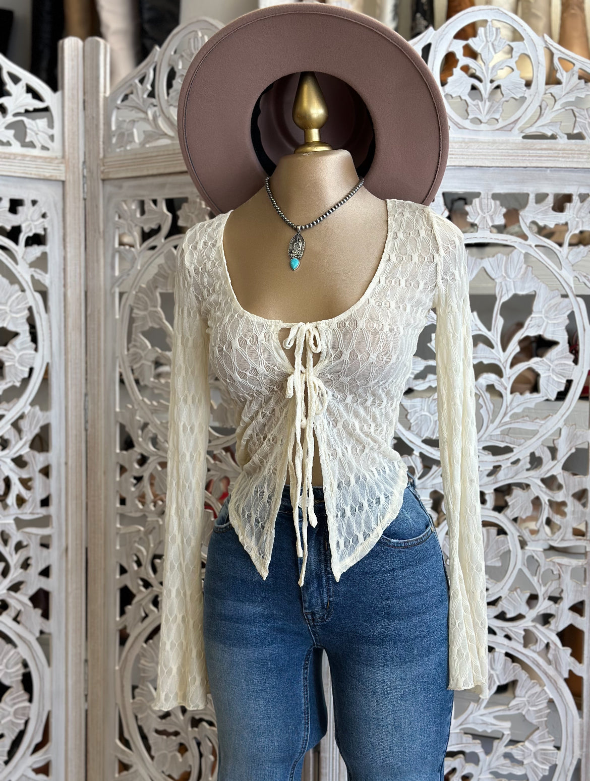 Cream Tie Front Textured Top- Stretchy