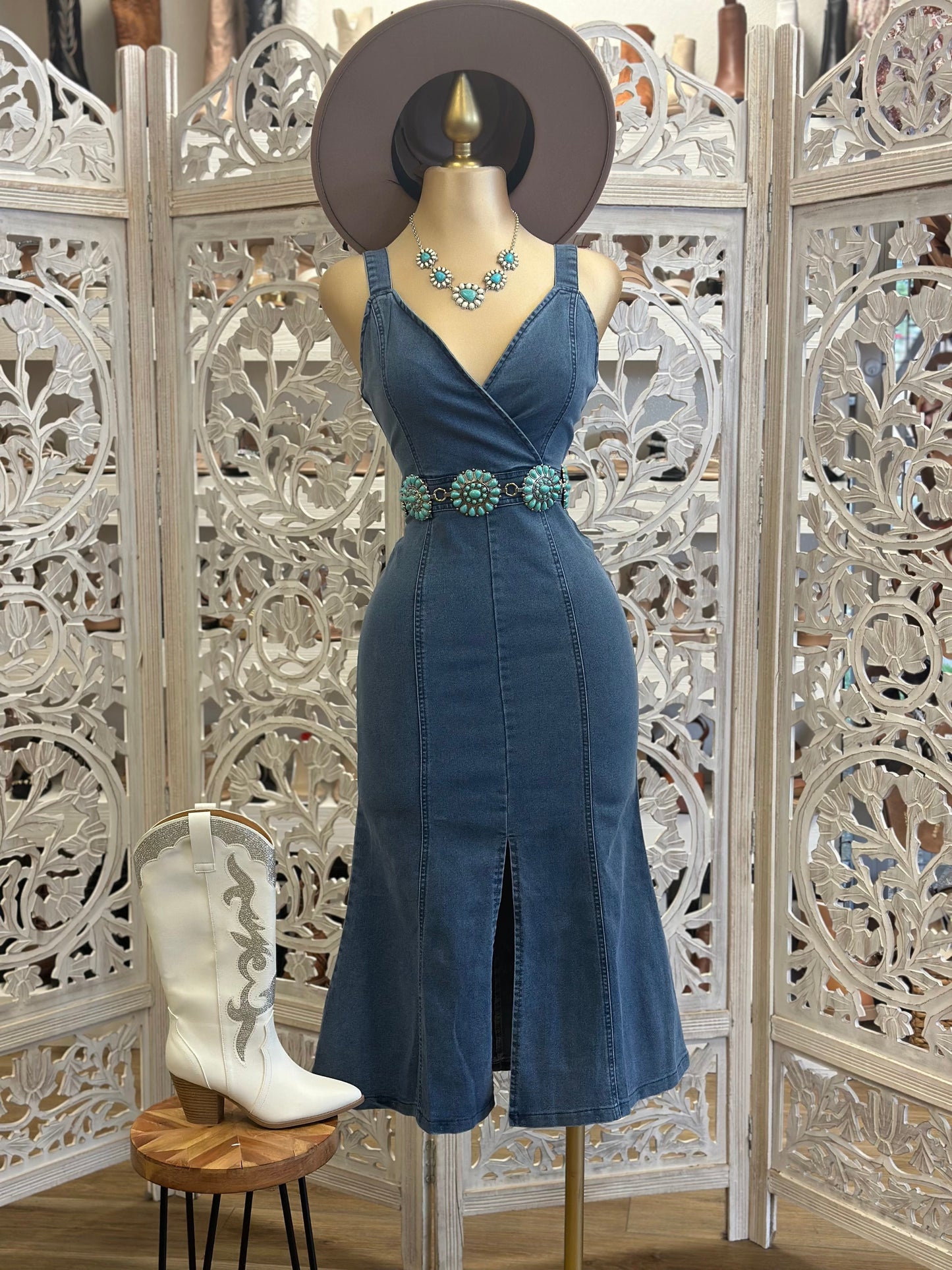 Denim Cross Fromt Midi Dress- Slightly Stretchy