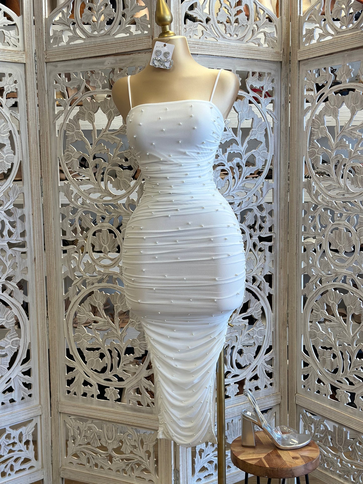 White Pearl Ruched Dress- Stretchy