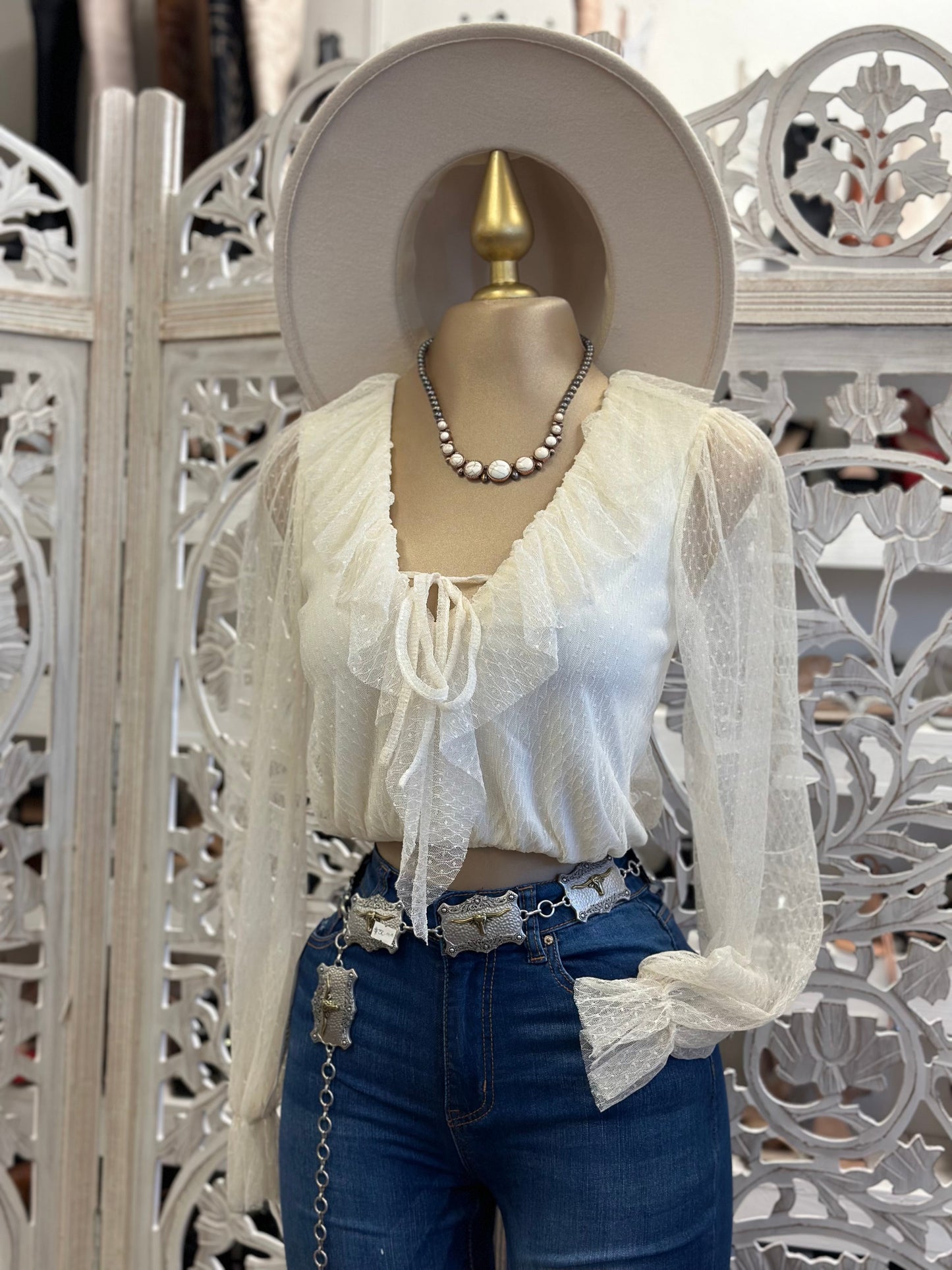 White Ruffle Ribbon Blouse- Stretchy