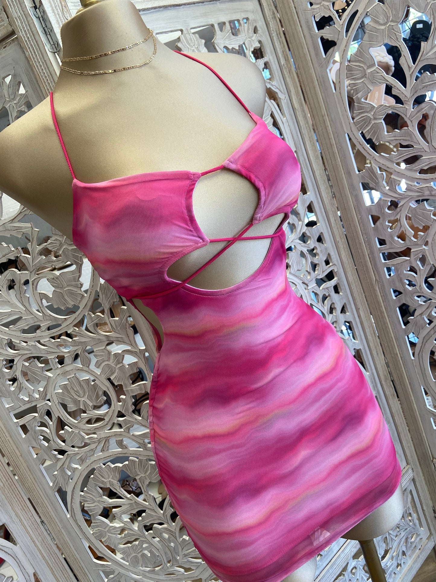 Tie Dye Hot Pink Cutout Mini Dress