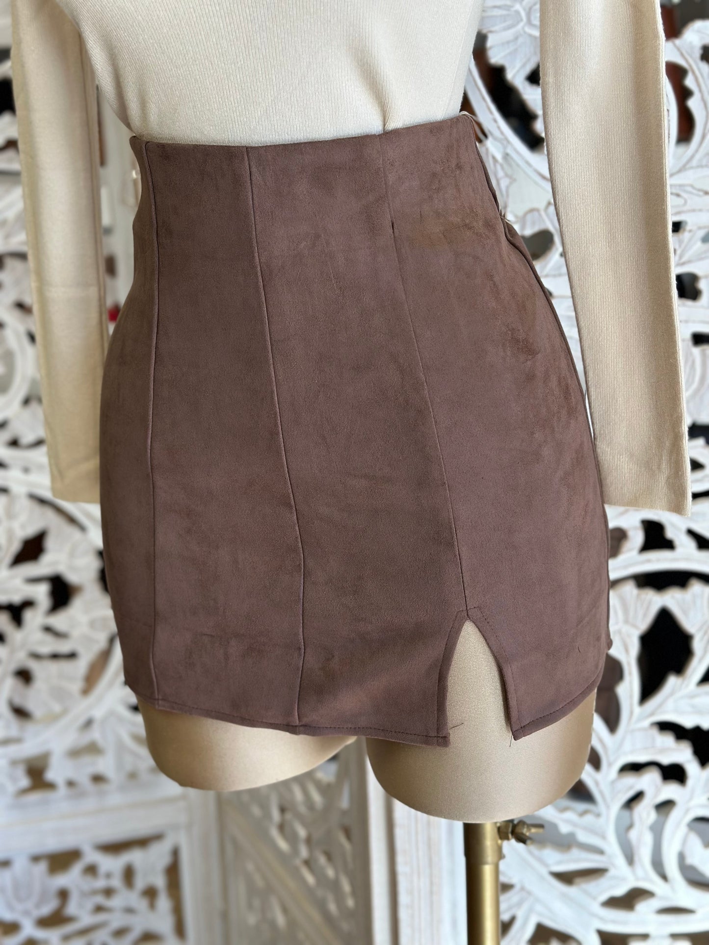 Brown Slit Suede Mini Skirt