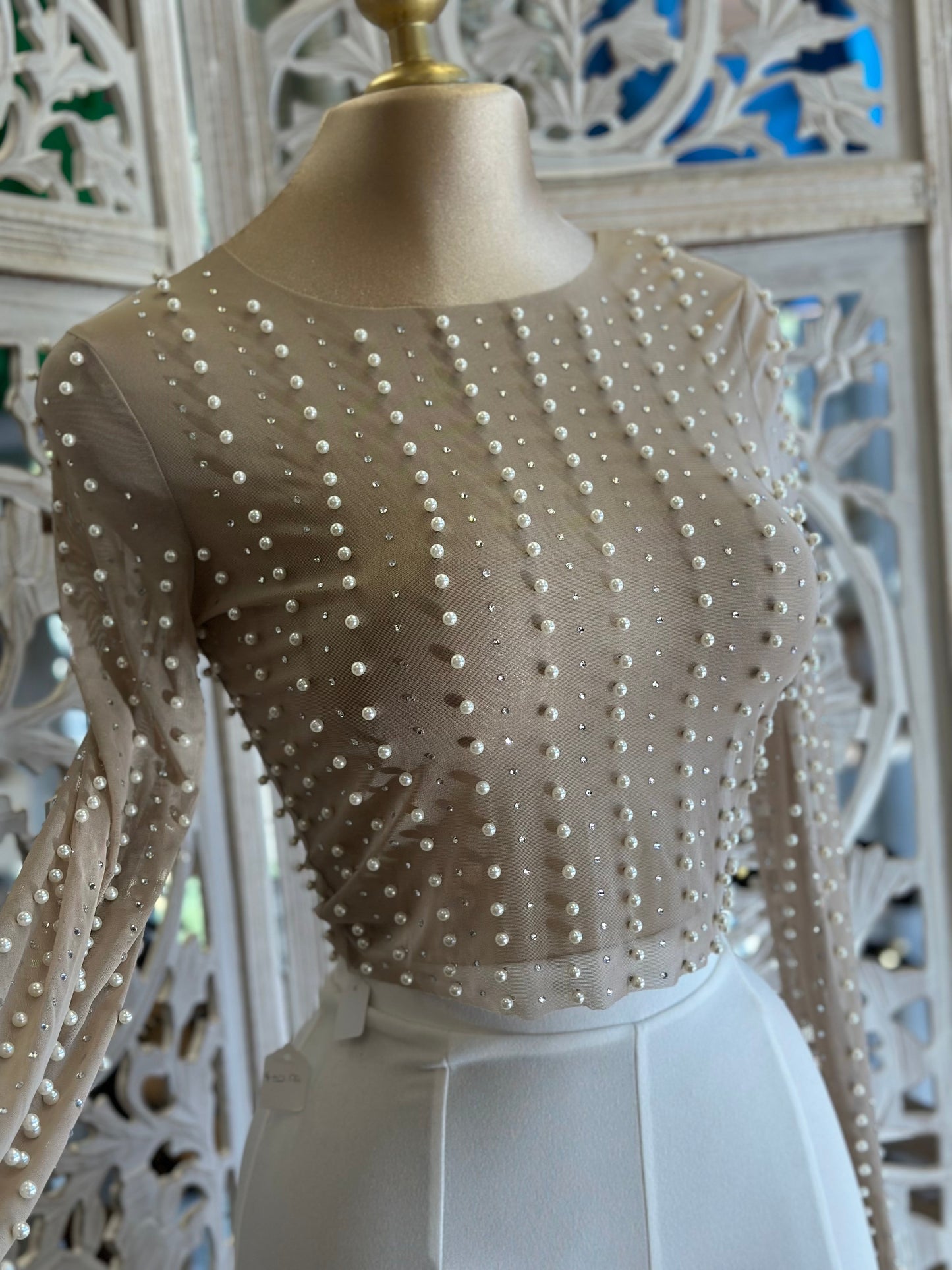 Nude Mesh Pearl Long Sleeve Top