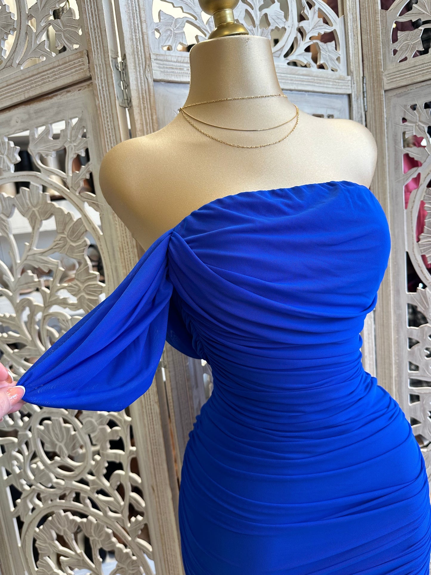 Royal Blue Off Shoulder Midi Ruched Dress- Stretchy