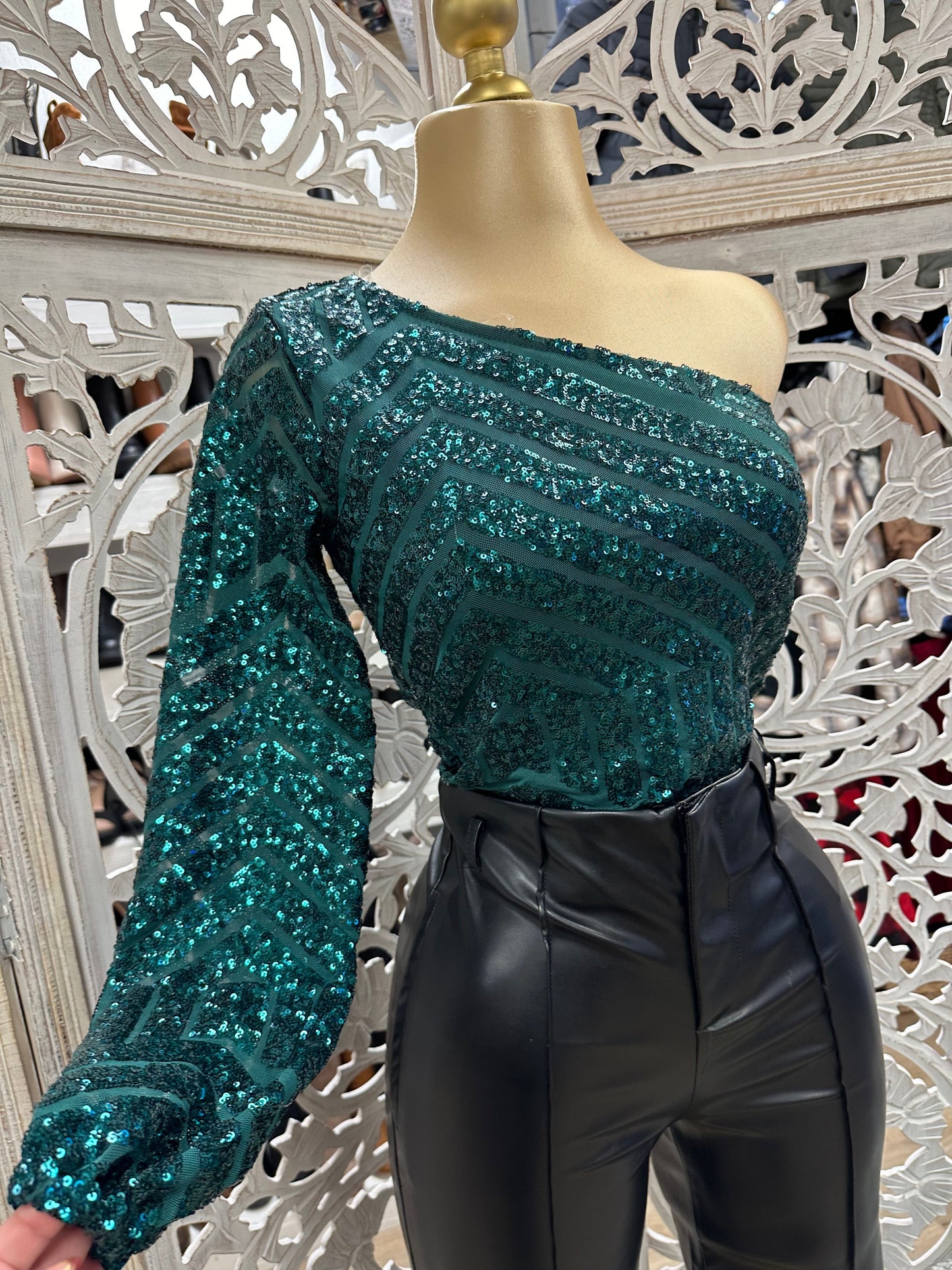 Green Sequin Assymetric One Sleeve Blouse